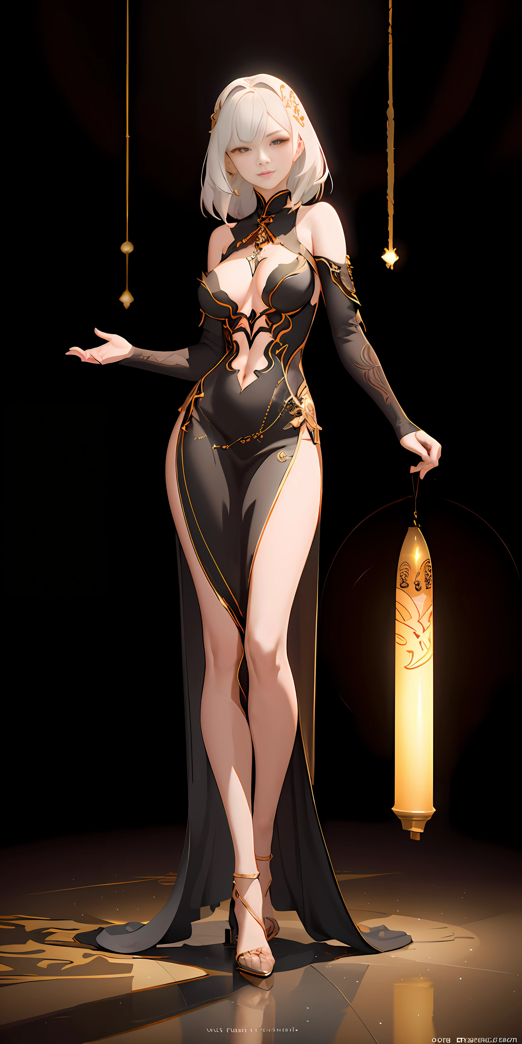 there is a woman in a black dress standing next to a lamp, full body cgsociety, beautiful full body concept art, trendin on artstation, elegant cinematic pose, cushart krenz key art feminine, cgsociety - w 1 0 2 4 - n 8 - i, full body xianxia, rossdraws global illumination, stunning cgsociety