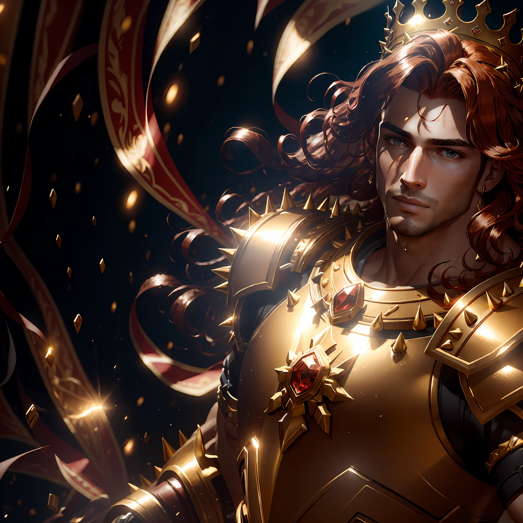 masterpiece, highest quality, solo focus, (perfect face:1.1) , (high detail:1.1), (dramatic, 1.5), 1 muscular male:1.3, (red curled hair:1.2), (deeply tanned skin), (gold jewelry), (radiant crown with 12 spikes:1.3),  (in golden armor),  (outdoors in full sun), (bright light:1.3), (bathed in sunlight), hyper detailed, digital art, studio quality, smooth render, unreal engine 5 render, octane render, 8K, particle effects,
