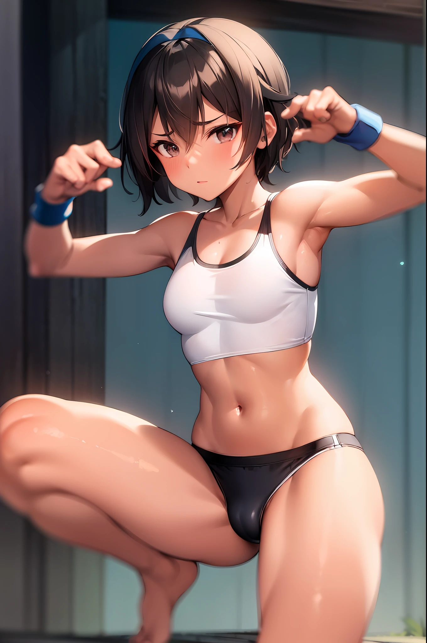((masterpiece)), (best quality), 1 girl, muay thai kickboxer girl, short brown hair, black eyes, tanned skin, ager, lean body, white cropped tube top, (blue boxer shorts), muay thai headband, white fingerless gloves, on the streets, fighting stance, closed eyes, midriff, navel, barefoot, 8k, detailed, ultra-detailed, absurdress