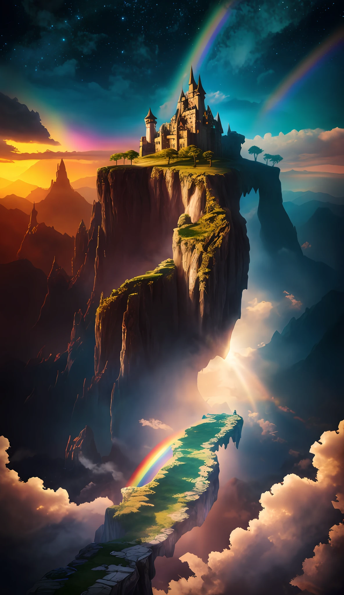 there is a castle on a cliff with a rainbow in the sky, epic dreamlike fantasy landscape, 4k highly detailed digital art, 4 k detail fantasy, impressive fantasy landscape, 4k fantasy art, epic fantasy digital art style, matte painting in fantasy style, epic fantasy landscape, high fantasy landscape, fantasy art behance, 8k fantasy art, fantasy landscape