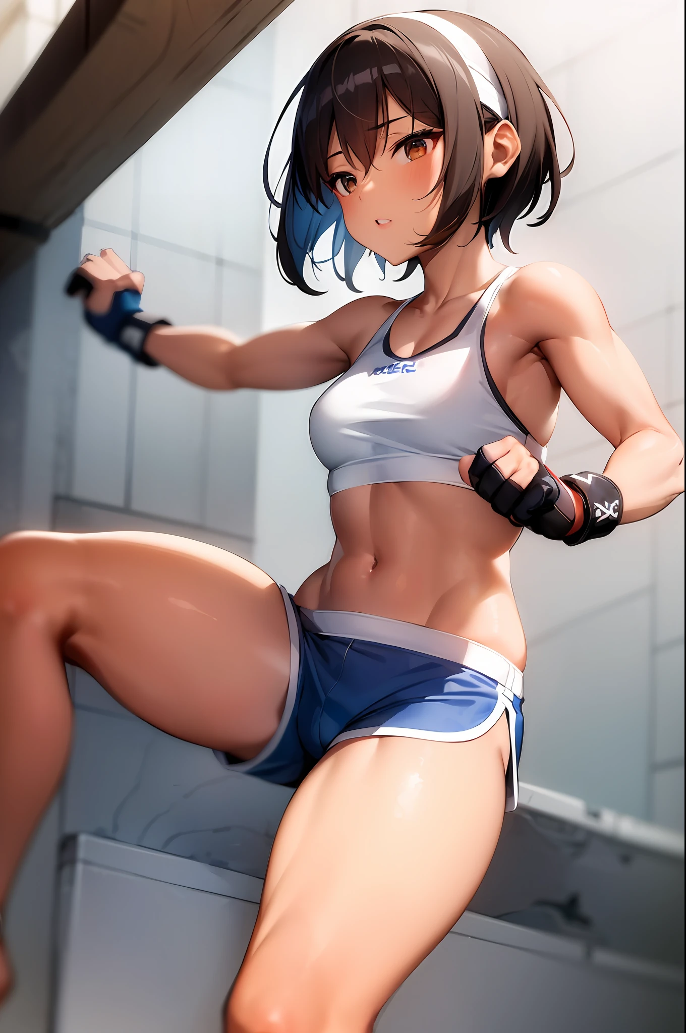 ((masterpiece)), (best quality), 1 girl, muay thai kickboxer girl, short brown hair, black eyes, tanned skin, ager, lean body, white cropped tube top, (blue shorts), muay thai headband, white fingerless gloves, on the streets, fighting stance, closed eyes, midriff, navel, barefoot, 8k, detailed, ultra-detailed, absurdress
