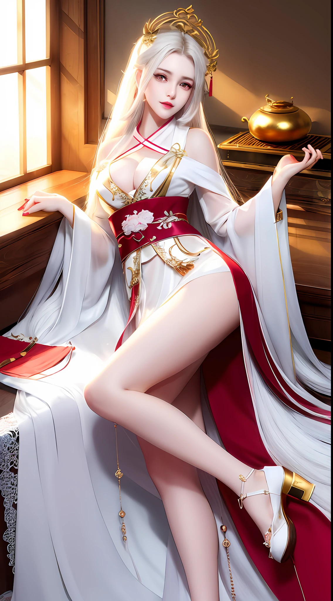 Early in the morning, white long hair, a beautiful girl lying on the table, delicate face, smiling, wearing Hanfu, delicate patterns on the clothes, long hair shawl, open chest dress, long eyelashes, lip gloss, red eye shadow, bare feet, Silk long sleeves, pale skin, masterpiece, best, 8K, big breasts, delicate gold hairpin,