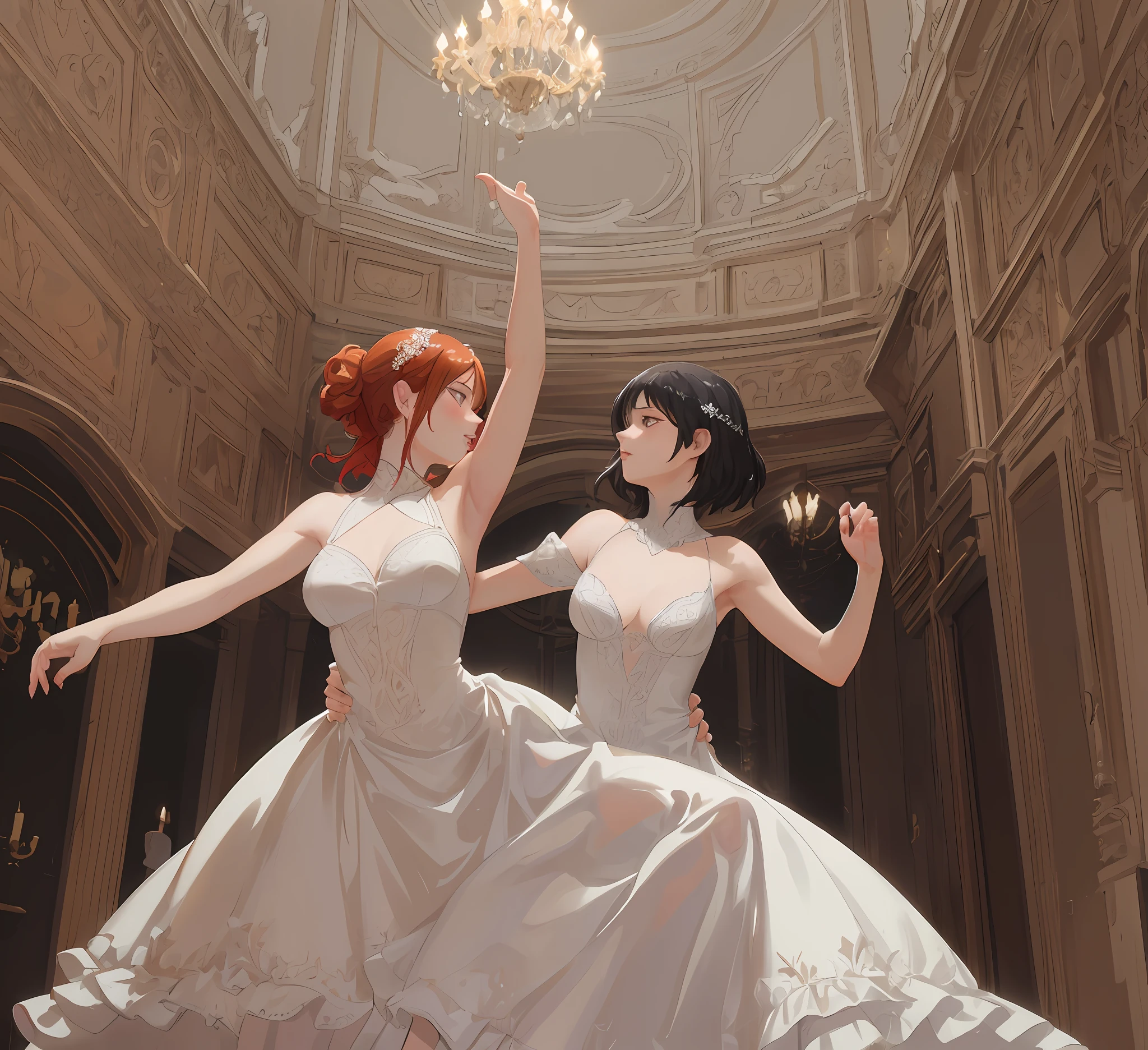 (extremely detailed 8k wallpaper, masterpiece, best quality, pointillism), (best lighting, best shadow, extremely delicate and beautiful), high saturation, [(Victorian ballroom dancing: 1.4, neoclassical waltz: 1.3, 1 couple of lesbians, one redhead with long hair, one with short black hair, dancing together), (the one with short black hair wears a detailed and delicate white dress: 1.2, the redhead wears a red dress: 0.9), (chandelier: 1.2, chandelier), (dramatic lighting: 1.1, beautiful reflections), (dance steps, dynamic angle), (long shot, wide angle)],