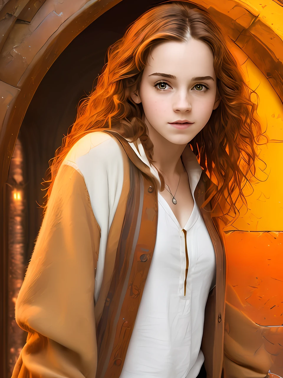 (Masterpiece Photo:1.3) of (Ultrarealistic:1.3),(Happy:1.3) (Hogwarts, Hermione Granger, Emma Watson, student, fullbody, closeup:1.2), (1girl, beautiful girl, cute face, beautiful eyes, beautiful face, perfect body, portrait, beautiful background:1.2), (high detail, high resolution, high contrast, warm colors, bright colors, high sharpness, hard shadows, soft light, lumens, masterpiece, breathtaking, unique, 4K:1.4),Highly Detailed,(Warm Colors:1.3)