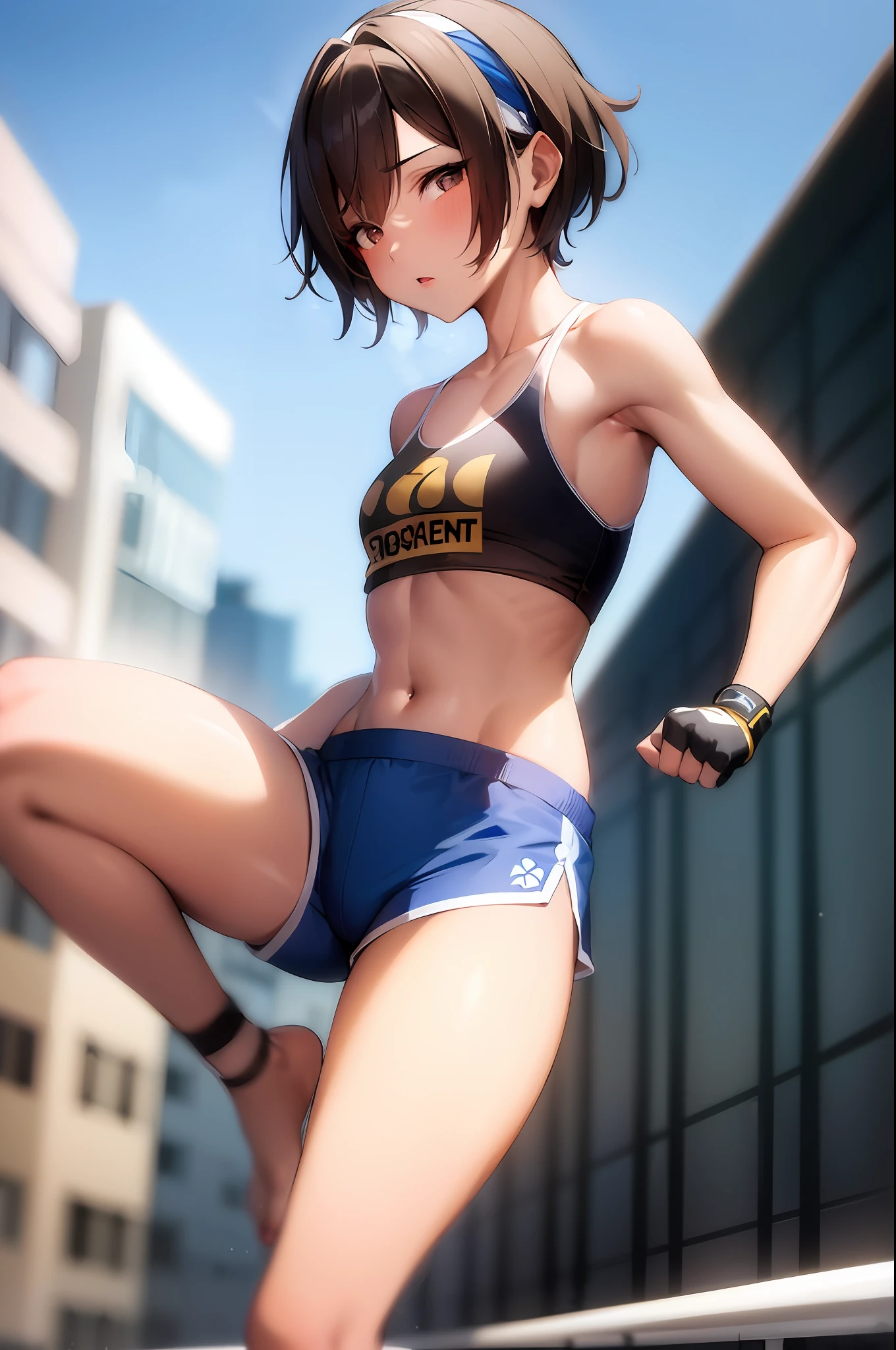 ((masterpiece)), (best quality), 1 girl, muay thai kickboxer girl, short brown hair, black eyes, tanned skin, , lean body, white cropped tube top, (blue shorts), muay thai headband, white fingerless gloves, on the streets, fighting stance, closed eyes, midriff, navel, barefoot, 8k, detailed, ultra-detailed, absurdress