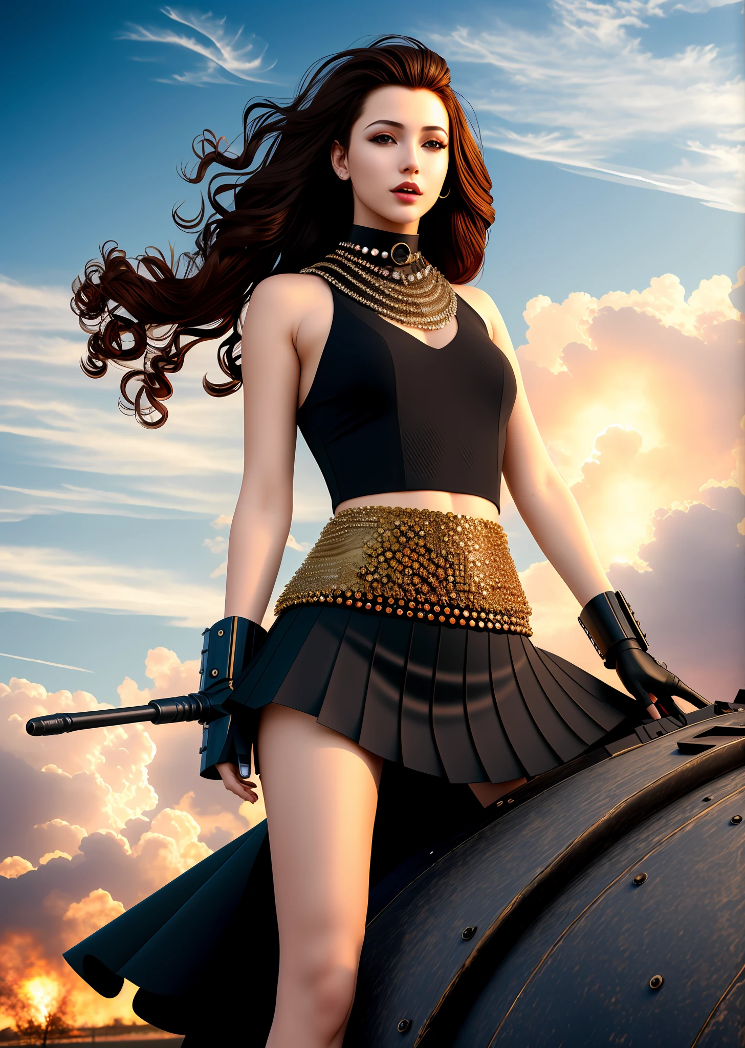 Fashion model photography, sniper gun bullets layered to form a bullet skirt, bullets of various shapes and sizes, surreal design, medium shot, Ukrainian girl, long hair, hair accessories, delicate skin, smiling, background is risky Broken tank armored car with black smoke, high texture, natural light