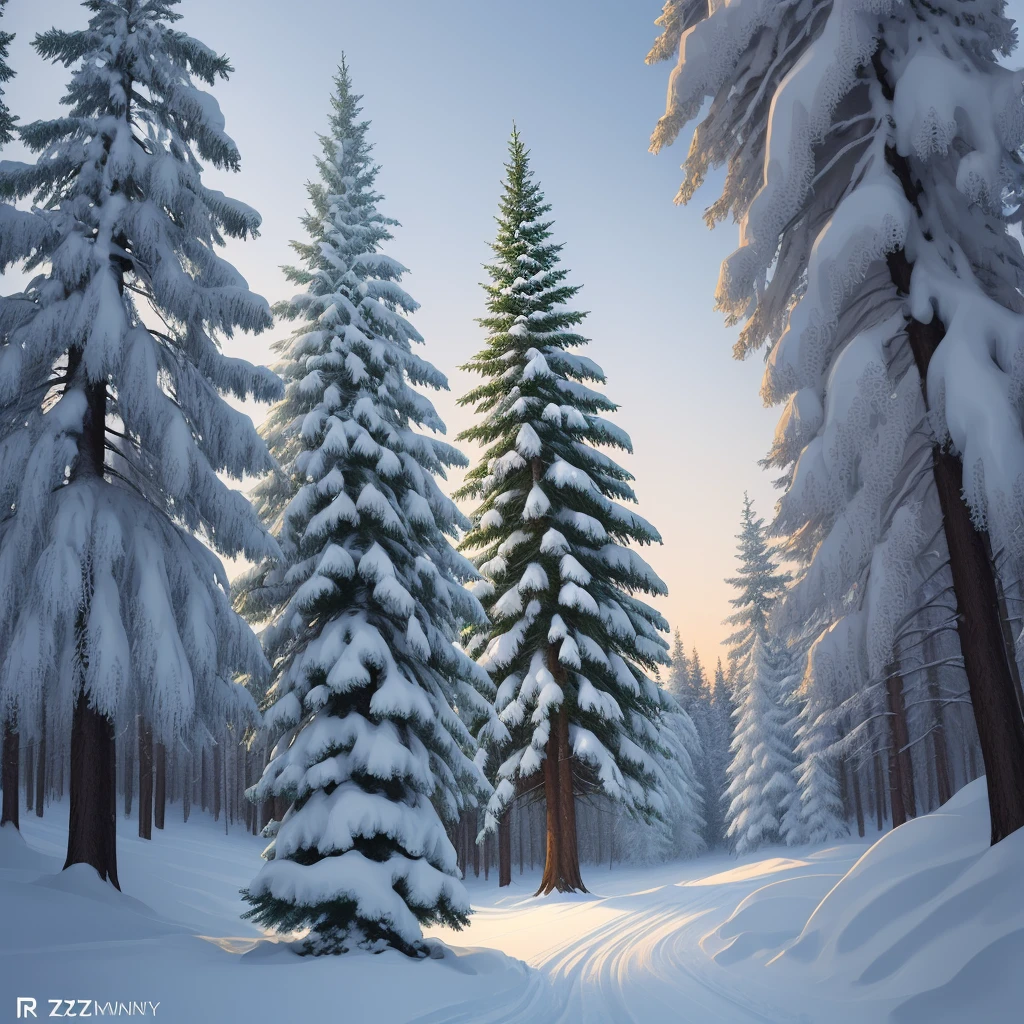 a spruce in a winter landscape, tshirt design, rzminjourney, vector art