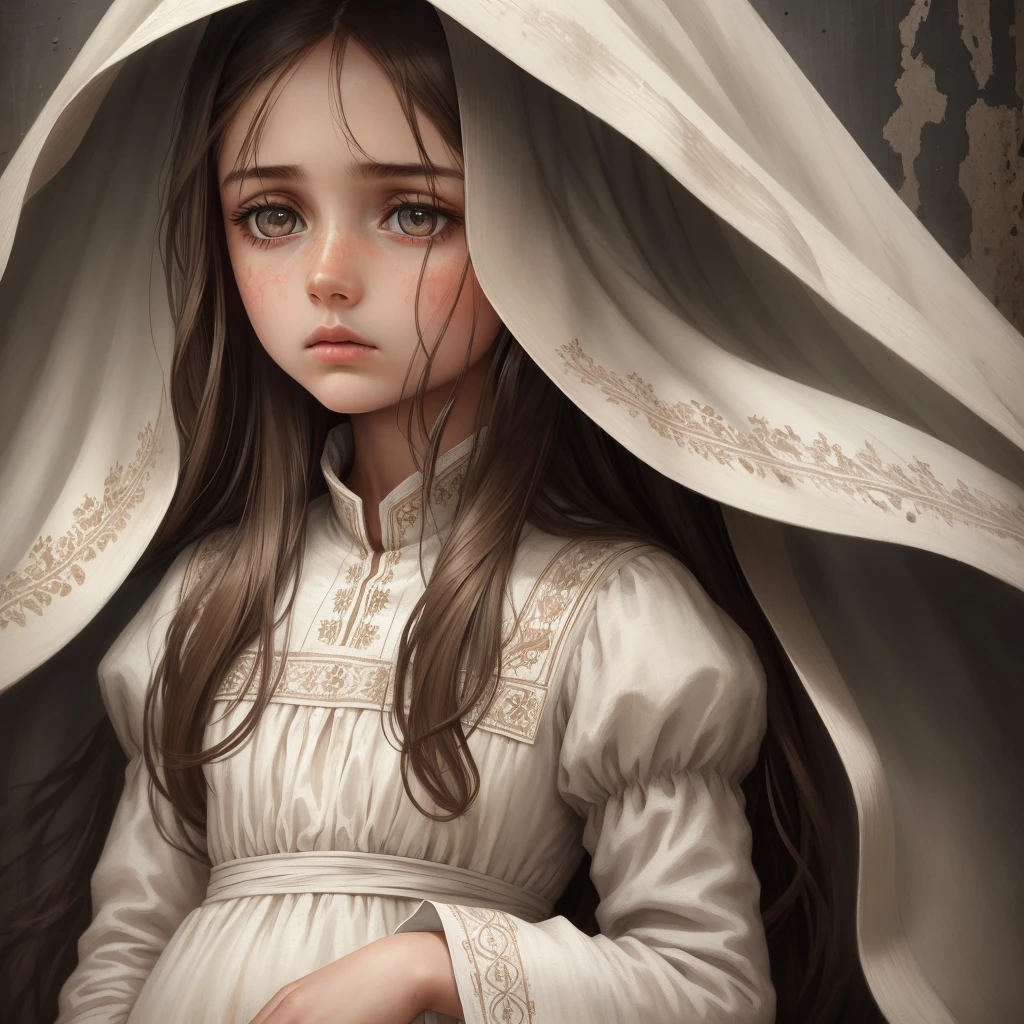 beautiful art, 1 girl, solo, long brown hair, white dress,war background, sadness, intricate details, looking at viewer, portrait,femida, beautiful detailed face, illustration, Ukraine ,famine,ukrainian,faded,war in Ukraine,bunker,1941 year,film,White bandage on the eyes