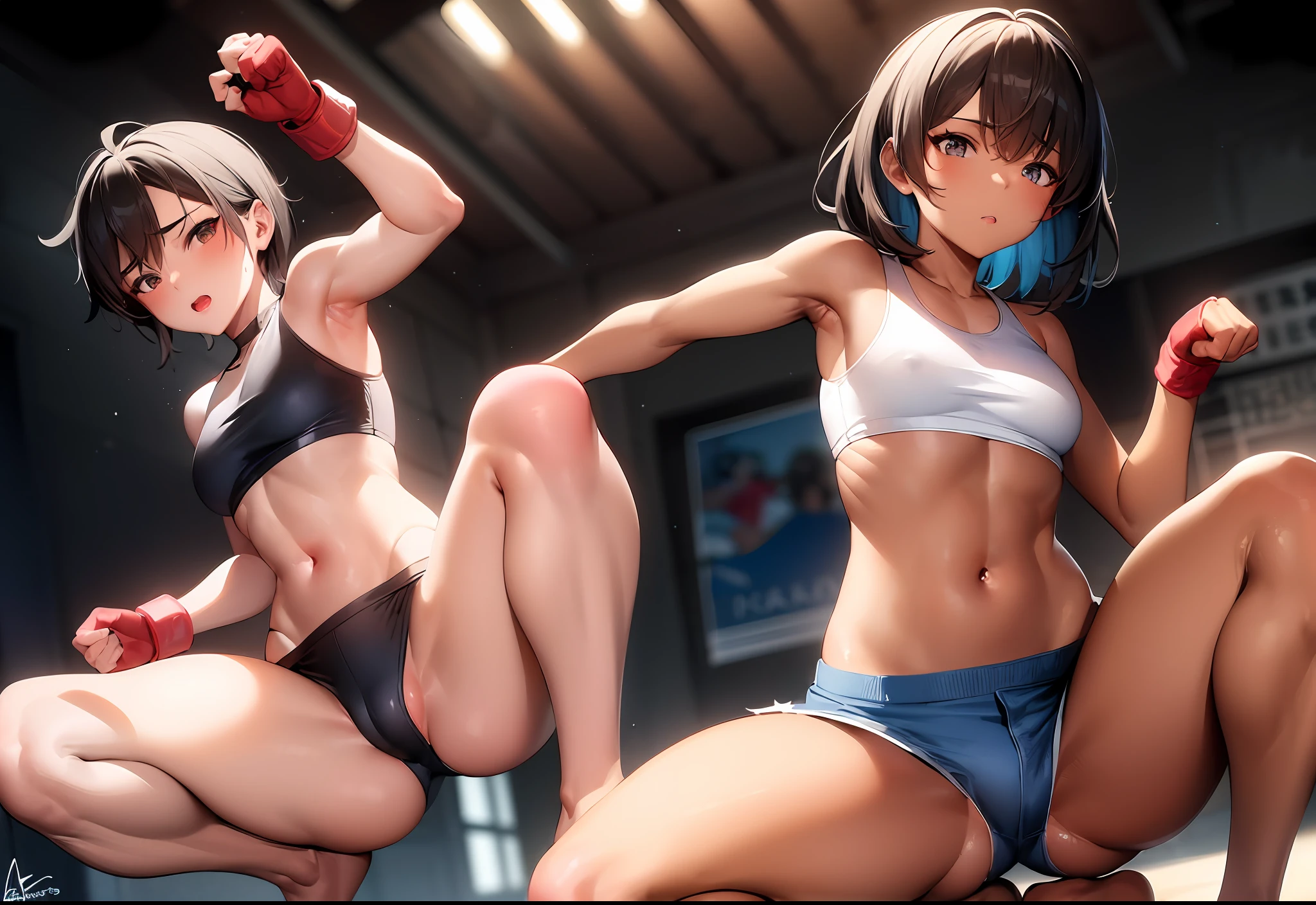 ((masterpiece)), (best quality), 3 girl, muay thai kickboxer girl, short brown hair, black eyes, tanned skin, teenager, lean body, white cropped tube top, (blue shorts), muay thai headband, white fingerless gloves, on the streets, fighting stance, closed eyes, midriff, navel, barefoot, 8k, detailed, ultra-detailed, absurdress