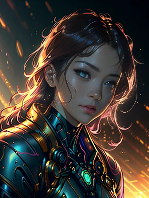 the woman is wearing a shiny/glossy golden kimono in the sunlight, in the style of cyberpunk realism, enigmatic tropics full of light, glamorous hollywood photorealistic portraits, detailed character illustrations, digital neon, artgerm, wong kar-wai, metallic, close-up intensity, ray blowing and explosive, in the style of digital manipulation, tanya shatseva, daniel f. gerhartz, dark pink and light blue, intricate imagery, uhd image --ar 4:4 --q 2 --s 1000 --q 2 --v 5. 1