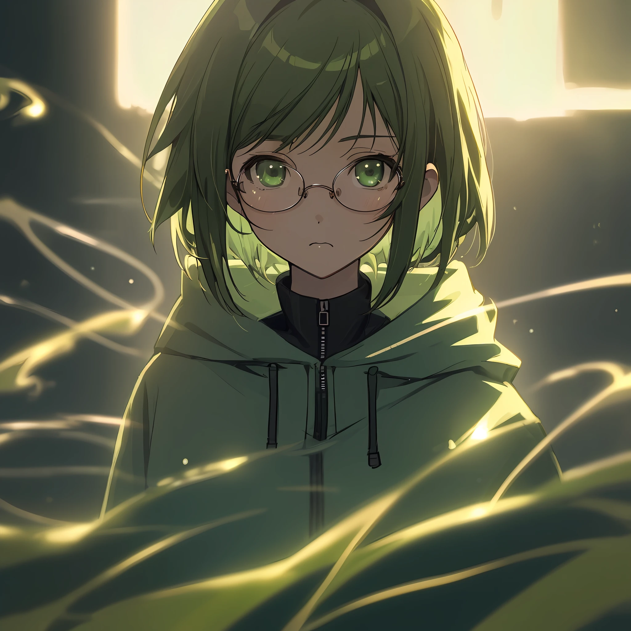 anime, deejaying girl, (highest picture quality),masterpiece,best quality,extremely detailed CG wallpaper, ultra_detailed,(Cinematic Lighting:1.1), (cold face), green eyes, 1girl, solo, dark-green_hair, hoodie, looking_at_viewer, short_hair, upper_body, masterpiece, best quality, glasses