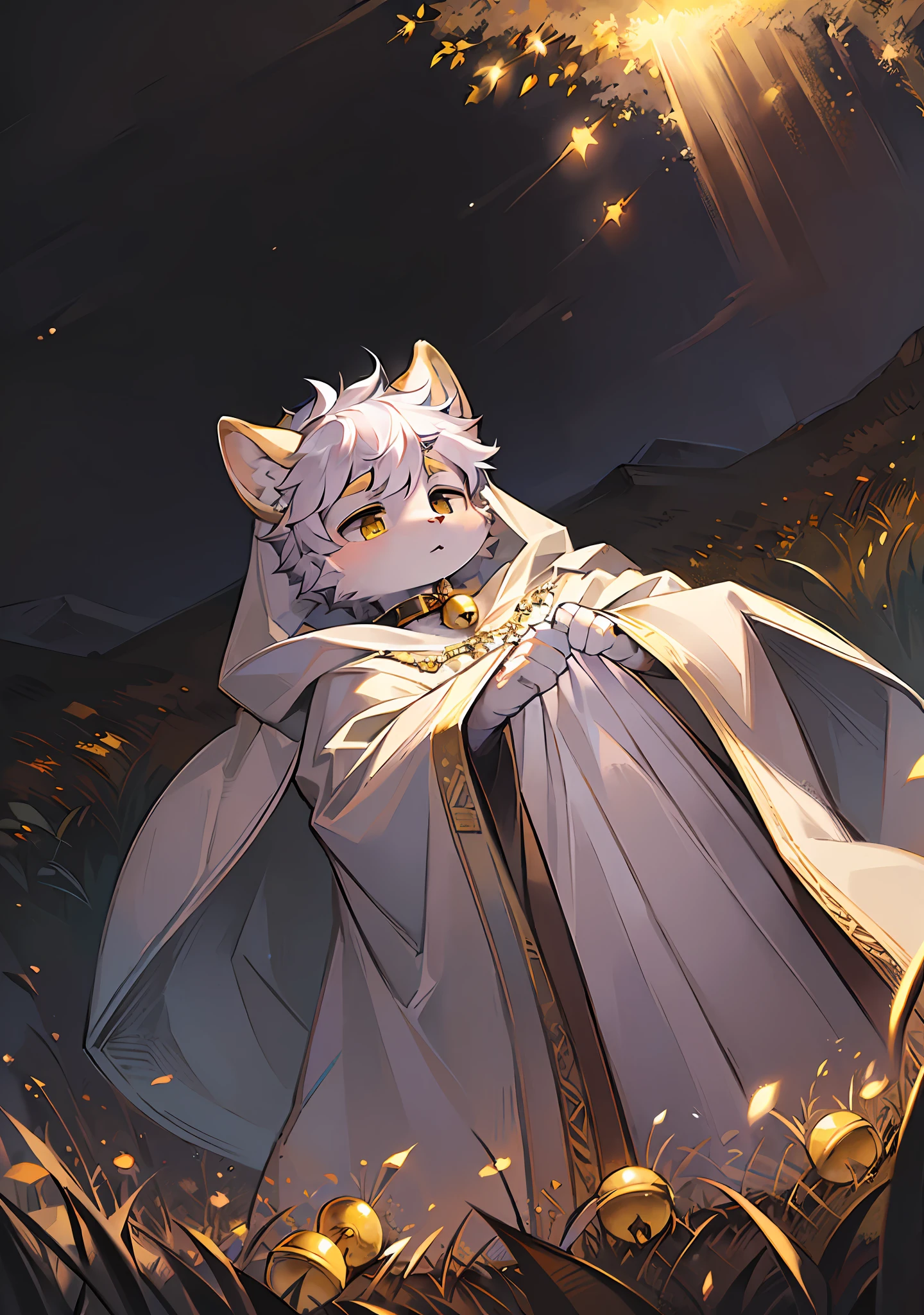 Masterpiece, high quality portrait, 3D realistic CG, 16k, dramatic lighting, intricate details, impasto, anthro, furry, white furry, (cub),  boy, field, night, vista, a white cloak attached Yellow bell on the collar, yellow unicorn in the hair, white ears, (by kekitopu)