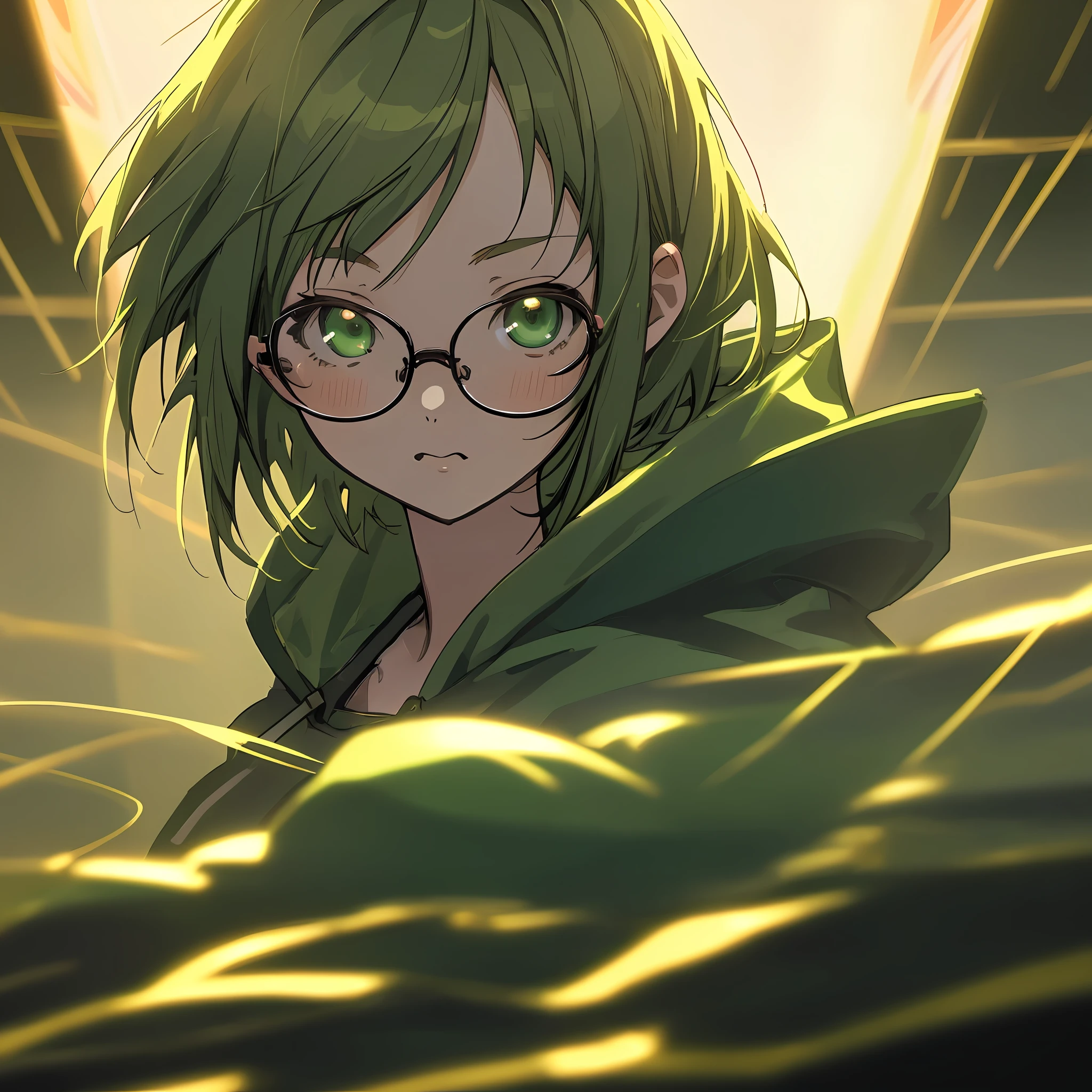 anime, deejaying girl, dj, rave, (highest picture quality),masterpiece,best quality,extremely detailed CG wallpaper, ultra_detailed,(Cinematic Lighting:1.1), (cold face), green eyes, 1girl, solo, dark-green_hair, hoodie, short_hair, upper_body, masterpiece, best quality, glasses