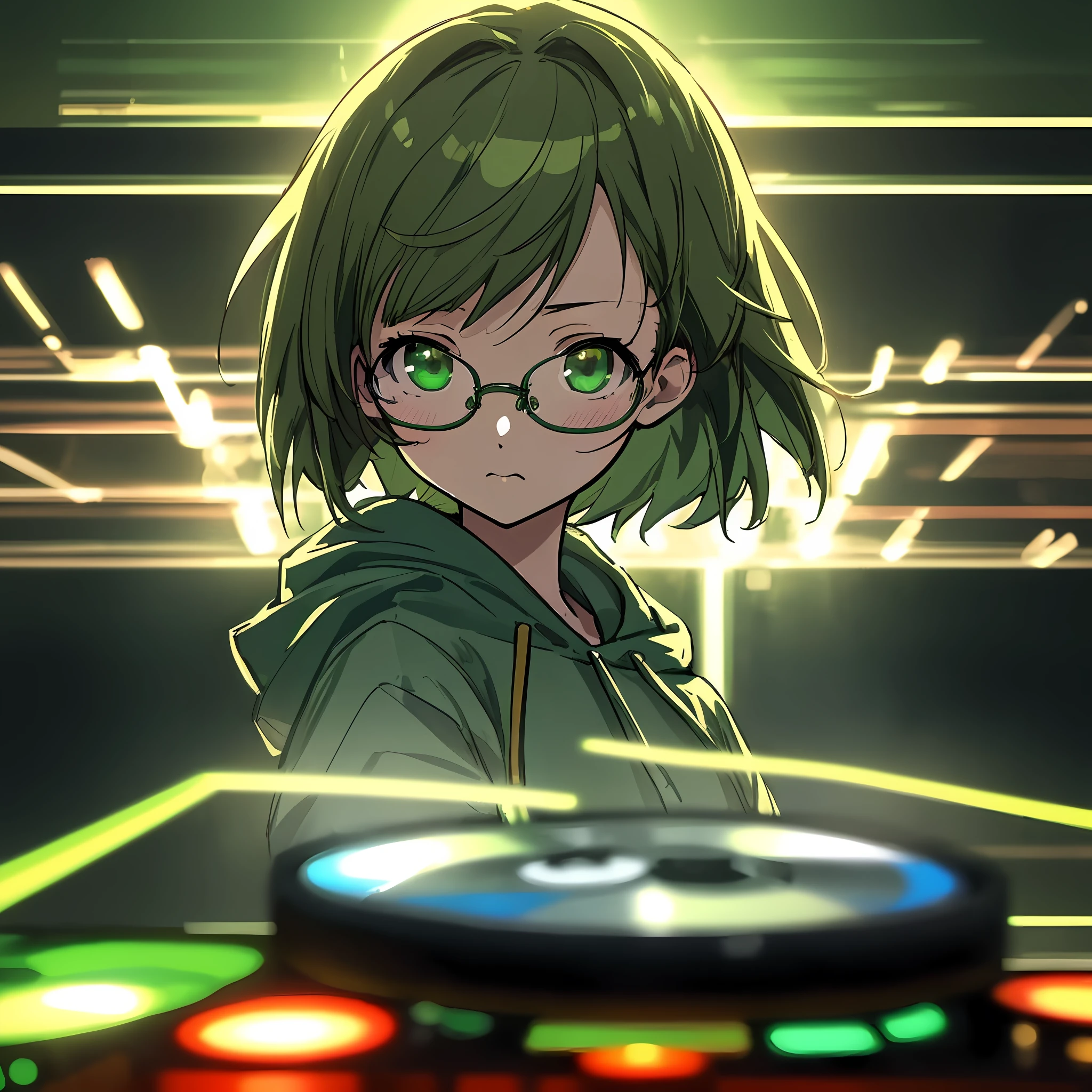anime, deejaying girl, dj, rave, (highest picture quality),masterpiece,best quality,extremely detailed CG wallpaper, ultra_detailed,(Cinematic Lighting:1.1), (cold face), green eyes, 1girl, solo, dark-green_hair, hoodie, short_hair, upper_body, masterpiece, best quality, glasses