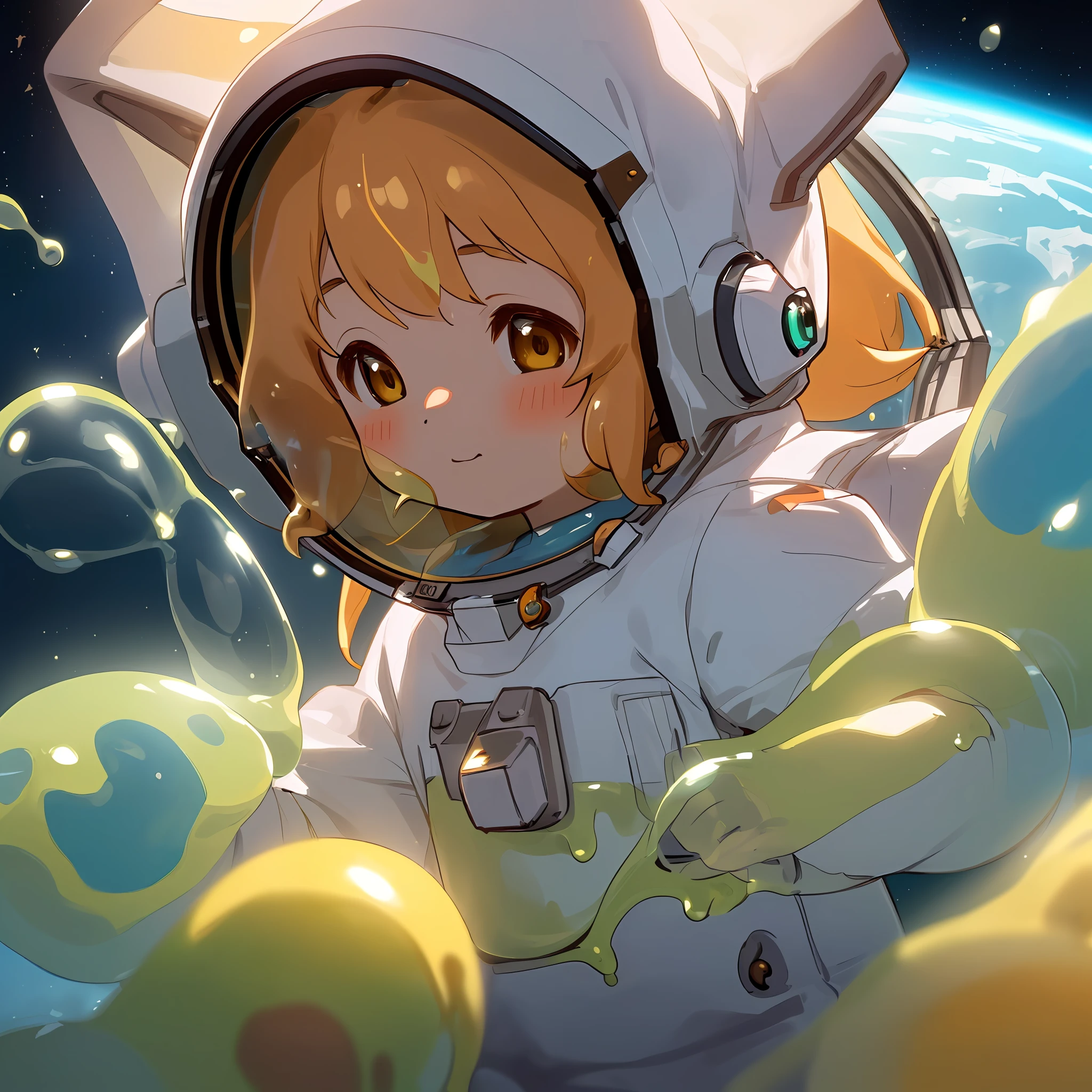 (an astronaut holding a cup:1.3), (a little cute foxgirl made of slime:1.2), (magic dust floating in the air), high resolution image, best quality, (fantasy lighting), dynamic angle, close up shot.