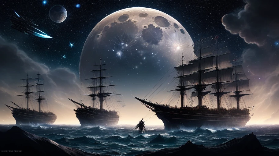 (a masterpiece:1.1), High Quality:1.2, central figure of a space pirate with detailed costume and equipment (ship's knives+swords:1.4), in action to invade the moon, accompanied by a giant polar bear, pivotal story moment (twist), detailed and immersive moon background, integrated shadows and lights (better lighting), with emphasis on explosions (machinery and rocket explosions: 1.3), star texture around characters, in harmony with the space theme and challenging (digital painting)。