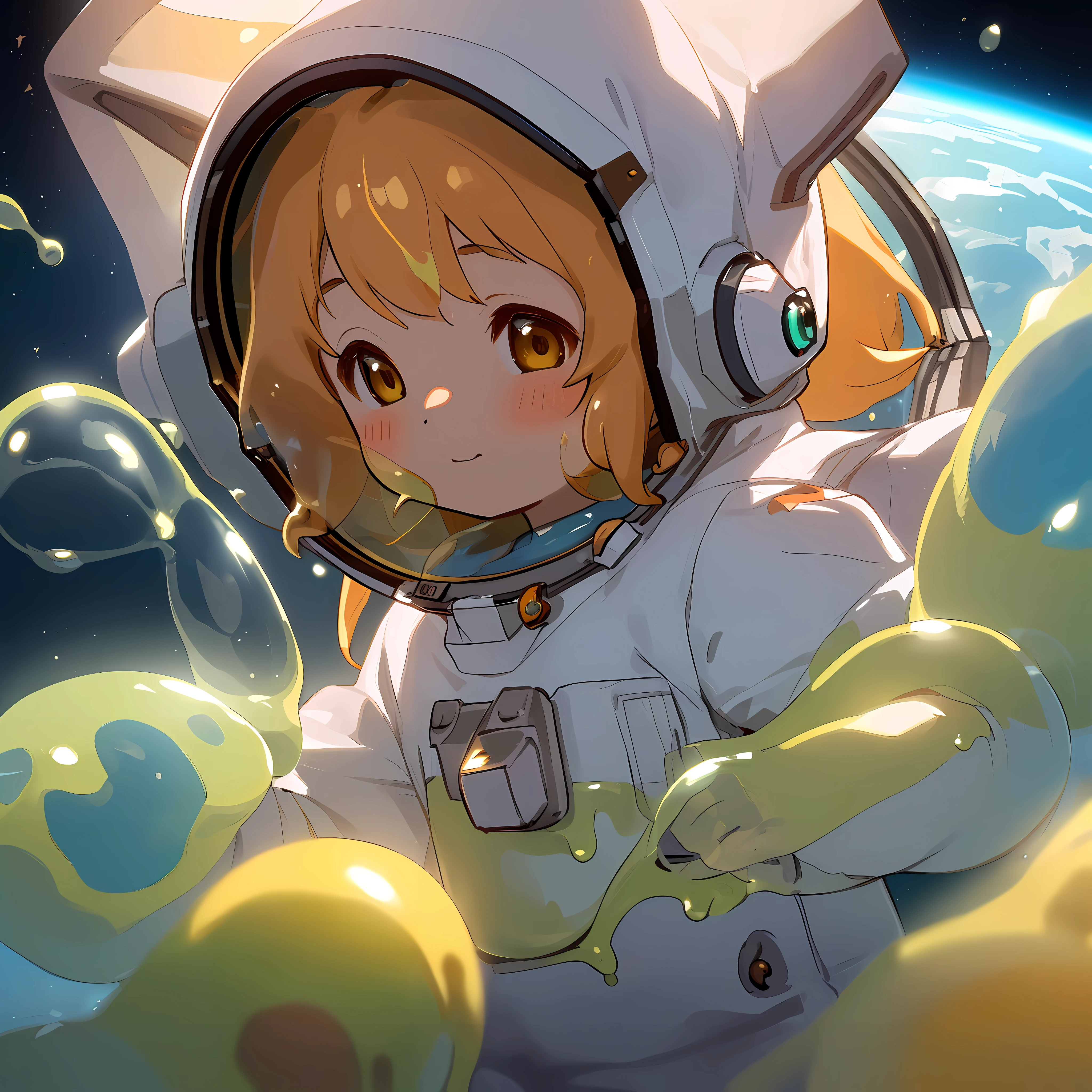 (an astronaut holding a cup:1.3), (a little cute foxgirl made of slime:1.2), (magic dust floating in the air), high resolution image, best quality, (fantasy lighting), dynamic angle, close up shot.