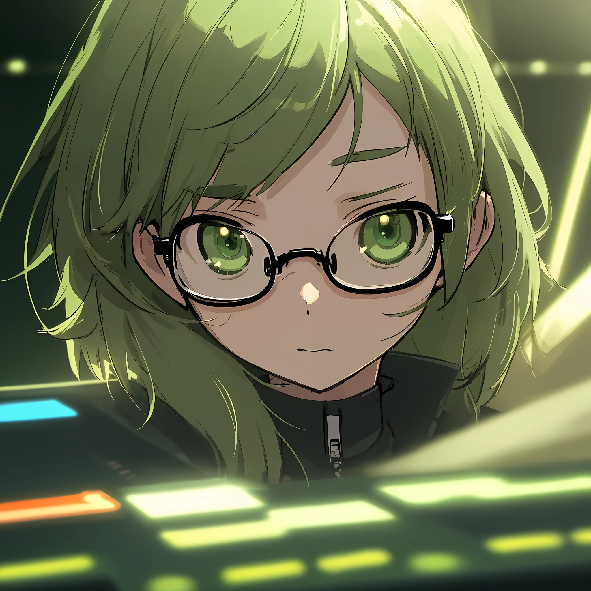 anime, deejaying girl, dj, rave, (highest picture quality),masterpiece,best quality,extremely detailed CG wallpaper, ultra_detailed,(Cinematic Lighting:1.1), (cold face), green eyes, 1girl, solo, dark-green_hair, short_hair, masterpiece, best quality, glasses