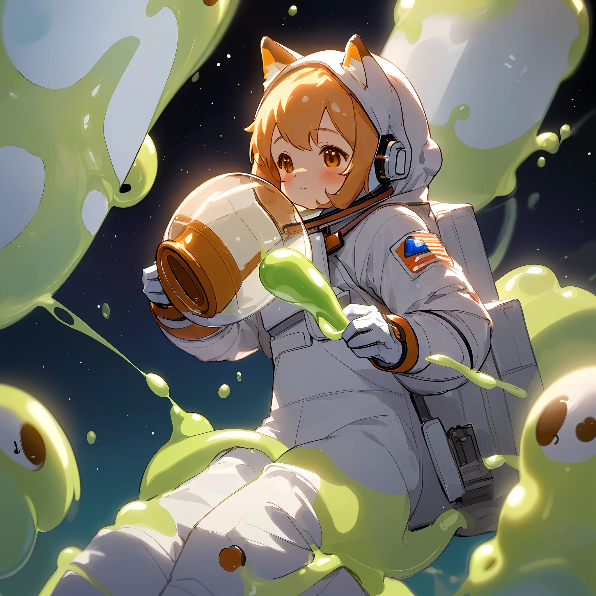 (an astronaut holding a cup:1.3), (a little cute foxgirl made of slime:1.2), (magic dust floating in the air), high resolution image, best quality, (fantasy lighting), dynamic angle, close up shot.