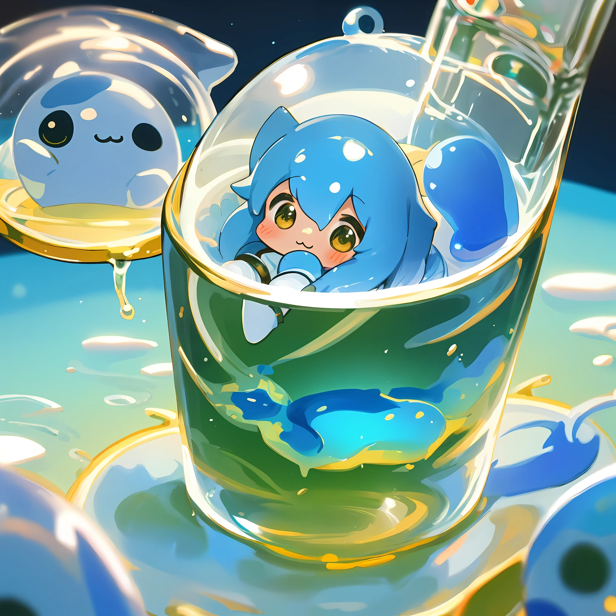 astronaut holding me a cup inside little cute slime foxgirl , magic dust