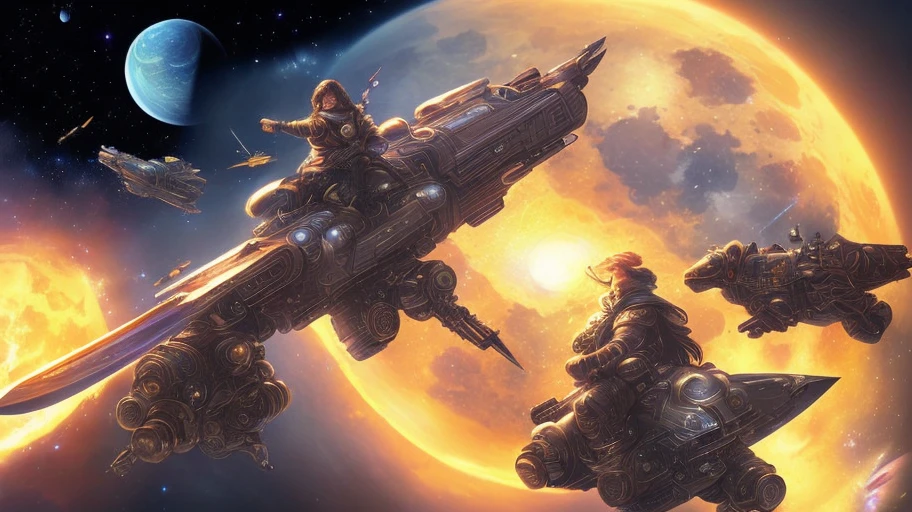(a masterpiece:1.1), High Quality:1.2, central figure of a space pirate with detailed costume and equipment (ship's knives+swords:1.4), in action to invade the moon, accompanied by a giant polar bear, pivotal story moment (twist), detailed and immersive moon background, integrated shadows and lights (better lighting), with emphasis on explosions (machinery and rocket explosions: 1.3), star texture around characters, in harmony with the space theme and challenging (digital painting)。