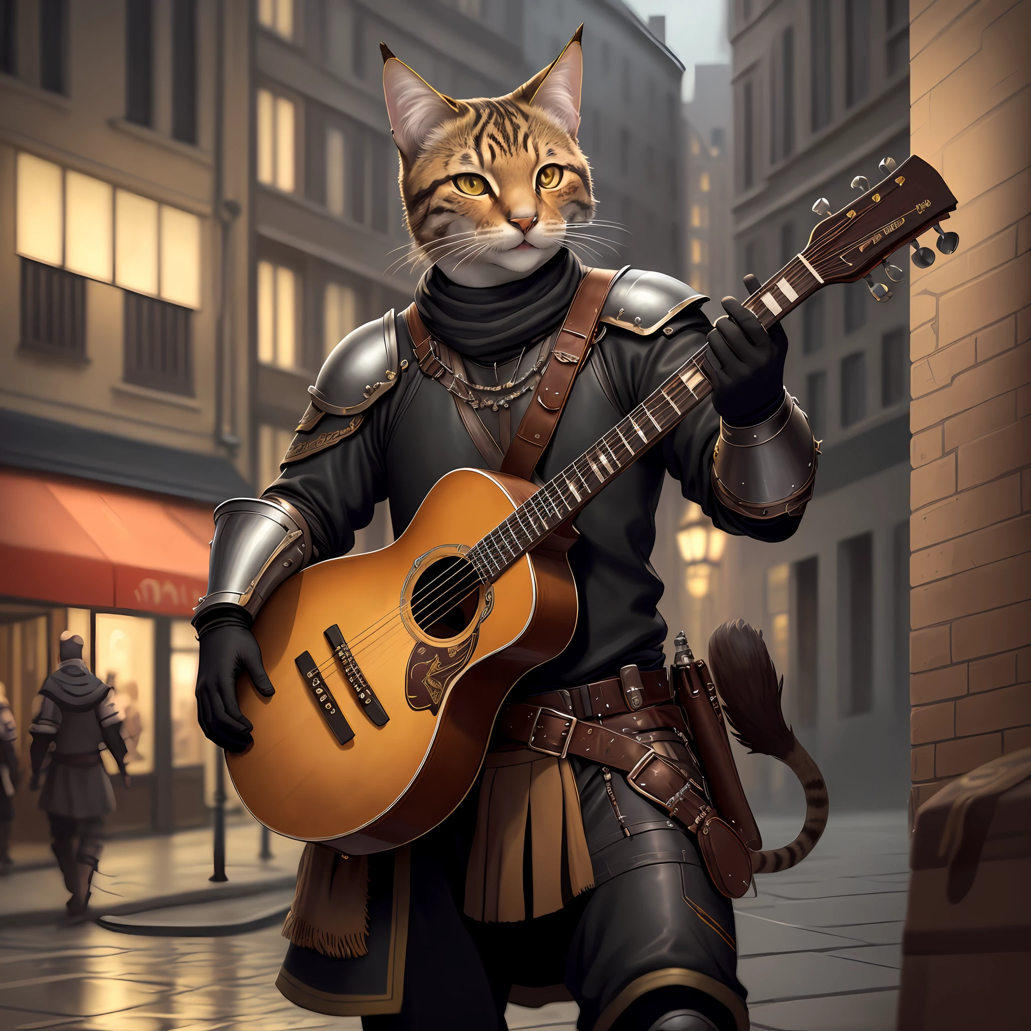 Best Quality, Masterpiece, Ultra High Resolution, Detailed Background, Realistic, Illustration, Expressionism, 1 Tabaxi, Solo, alone, single, male, Tabby, Leather Armor, Instrument Bell, music, street, perfomance, black clothes, Show, City, Medieval, Reflection, Volume Lighting , depth of field