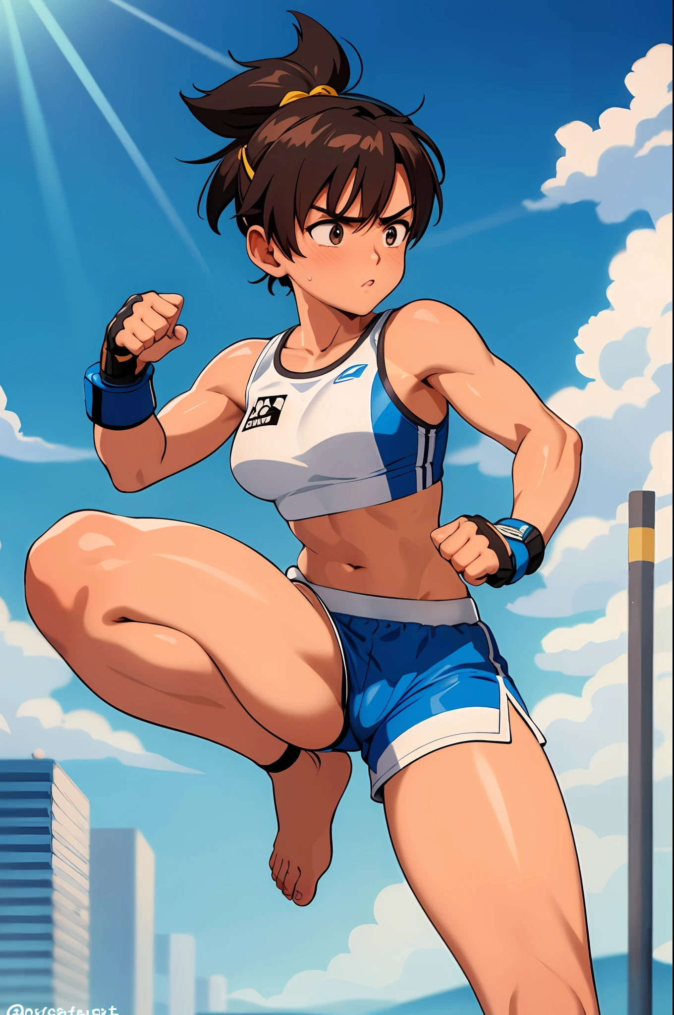 ((masterpiece)), (best quality), 1 girl, muay thai kickboxer girl, short brown hair, black eyes, tanned skin, teenager, lean body, white cropped tube top, (blue shorts), muay thai headband, white fingerless gloves, on the streets, fighting stance, midriff, navel, barefoot, 8k, detailed, ultra-detailed, absurdress