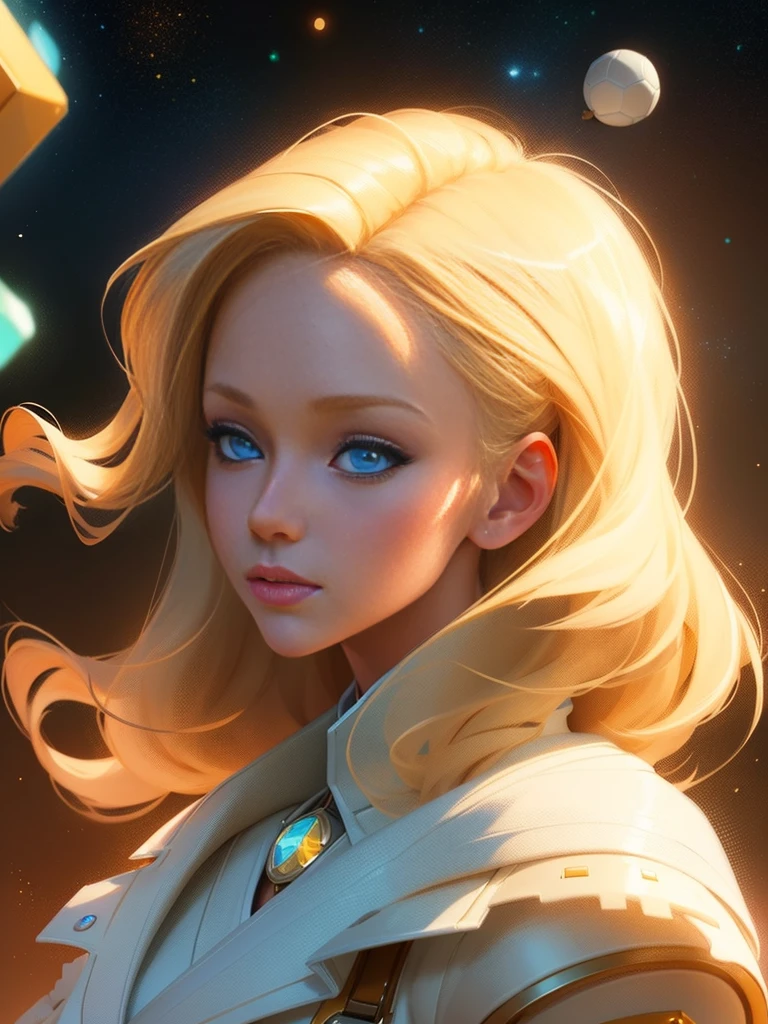 blond haired girl with blue eyes and a white jacket, rossdraws global illumination, ross tran 8 k, artgerm and atey ghailan, rossdraws portrait, artgerm julie bell beeple, rossdraws digital painting, ross tran style, moebius + loish + wlop, portrait knights of zodiac girl, cgsociety portrait