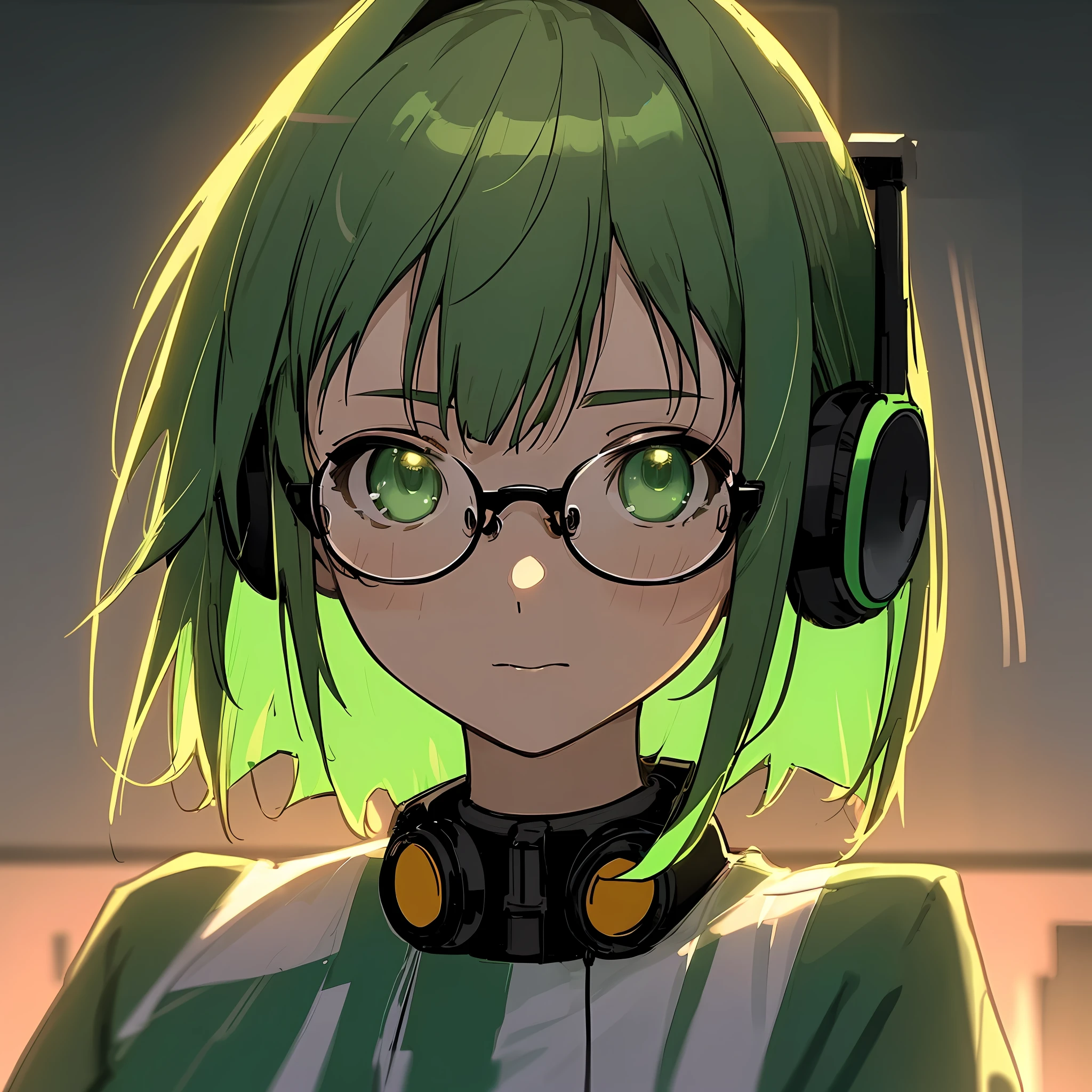anime, deejaying girl, dj, dj girl, headphones on neck, rave, (highest picture quality),masterpiece,best quality,extremely detailed CG wallpaper, ultra_detailed,(Cinematic Lighting:1.1), (cold face), green eyes, 1girl, solo, dark-green_hair, short_hair, masterpiece, best quality, glasses