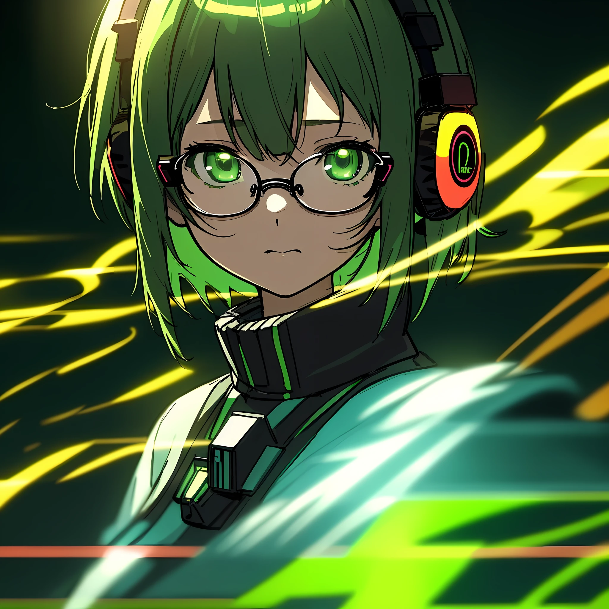 anime, deejaying girl, dj, dj girl, headphones on neck, rave, night rave, (highest picture quality),masterpiece,best quality,extremely detailed CG wallpaper, ultra_detailed,(Cinematic Lighting:1.1), (cold face), green eyes, 1girl, solo, dark-green_hair, short_hair, masterpiece, best quality, glasses