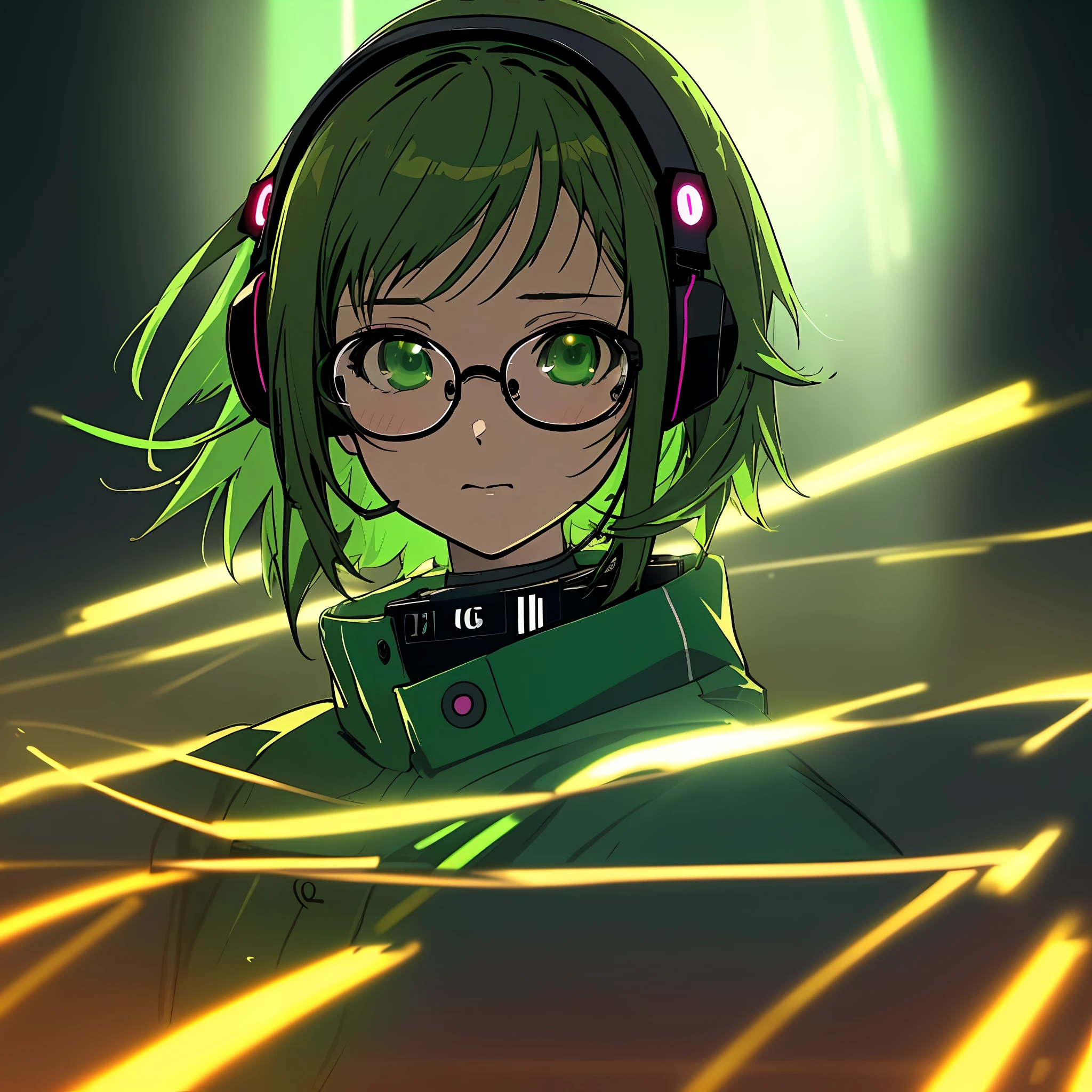 anime, deejaying girl, dj, dj girl, headphones on neck, rave, night rave, (highest picture quality),masterpiece,best quality,extremely detailed CG wallpaper, ultra_detailed,(Cinematic Lighting:1.1), (cold face), green eyes, 1girl, solo, dark-green_hair, short_hair, masterpiece, best quality, glasses