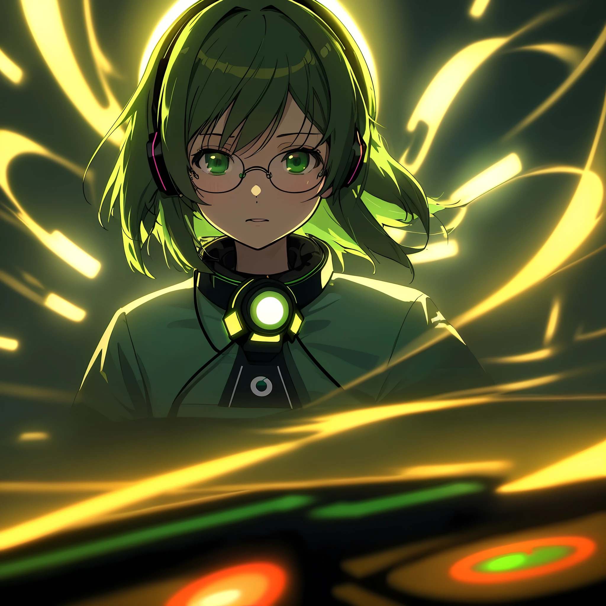 anime, deejaying girl, dj, dj girl, headphones on neck, rave, night rave, (highest picture quality),masterpiece,best quality,extremely detailed CG wallpaper, ultra_detailed,(Cinematic Lighting:1.1), (cold face), green eyes, 1girl, solo, dark-green_hair, short_hair, masterpiece, best quality, glasses