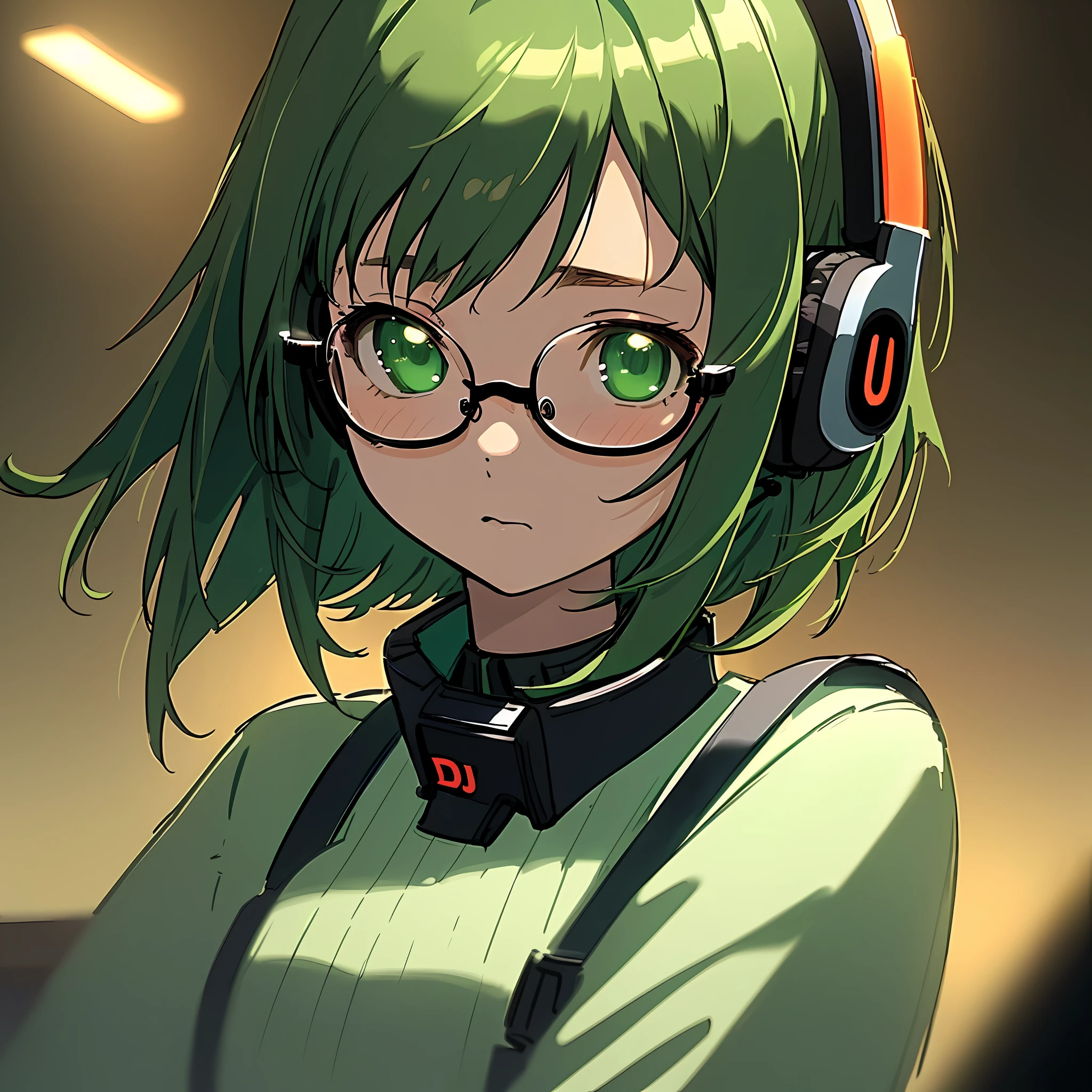 anime, deejaying girl, dj, dj girl, headphones on neck, rave, (highest picture quality),masterpiece,best quality,extremely detailed CG wallpaper, ultra_detailed,(Cinematic Lighting:1.1), (cold face), green eyes, 1girl, solo, dark-green_hair, short_hair, masterpiece, best quality, glasses