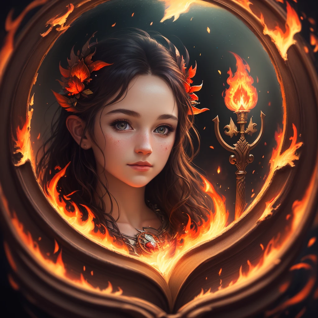 Best Quality, Masterpiece, Ultra High Resolution, Detailed Background, Portrait, Bust, Realistic, Illustration, Expressionism, solo, single, Fire fairy, DND, rainbow theme, realistic, druid, fire, flames, Medieval, Reflection, Volume Lighting , depth of field
