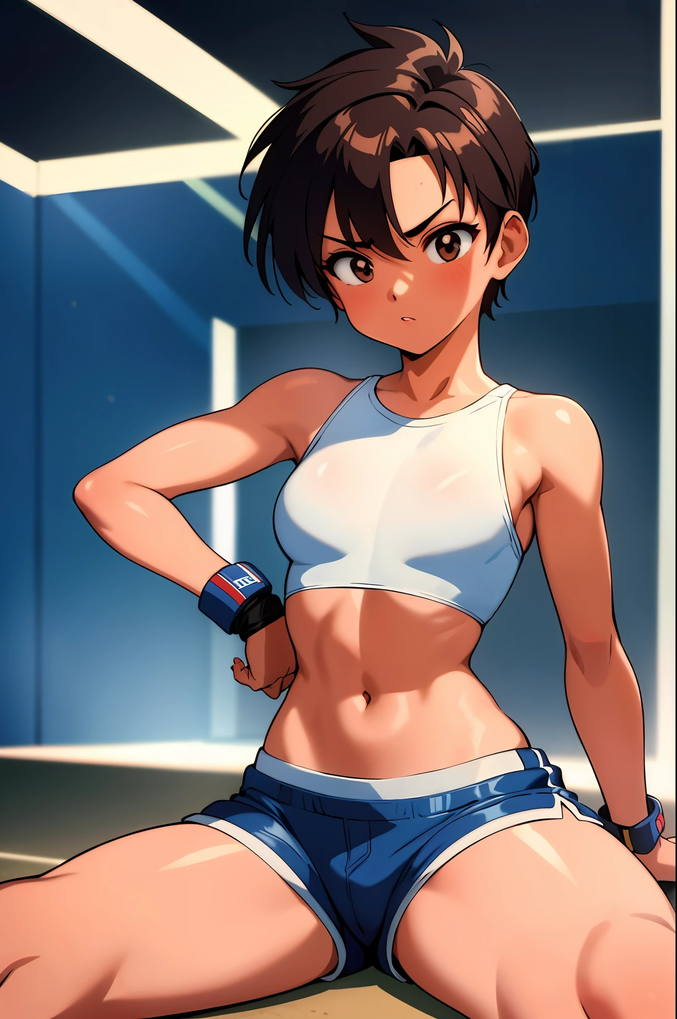 ((masterpiece)), (best quality), 1 girl, muay thai kickboxer girl, short brown hair, black eyes, tanned skin, teenager, lean body, white cropped tube top, (blue shorts), muay thai headband, white fingerless gloves, laying on the floor, defeated, midriff, navel, barefoot, 8k, detailed, ultra-detailed, absurdress