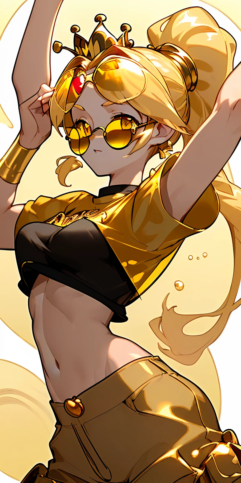 /imagine prompt: ((Princess Golden 🥹🥹)) cute face ,((sport body)) ((detailed yellow eyes,)) long Bubble ponytail hair color creme, light umber skin,(( transparent sunglasses)), despair black croptop(( tshirt ))and Track BurlyWood cargo pants gold crown,