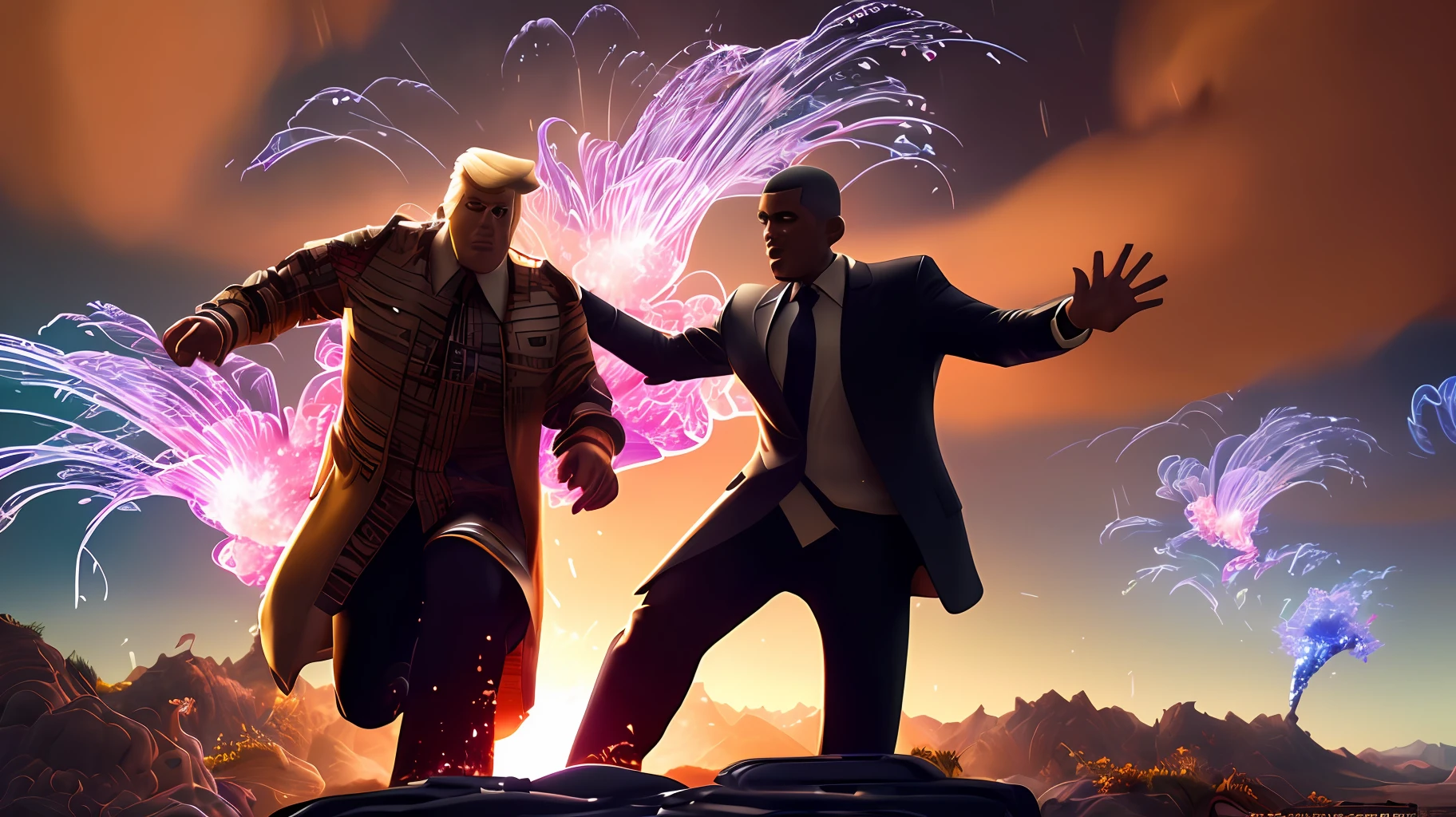 &quot;(Masterpiece Master)), the best quality, ultra-detailed details, an amazing and extremely delicate illustration, an epic scene from &quot;Obama and Trump in Fortnite&quot;, a vast and dynamic field, with vibrant and layered elements , such as fire effects, explosions, characters with detailed clothing, dynamic poses and distinctive facial expressions. The scene is lit with the best shadows and lights, with a soft touch of dynamic focus to emphasize the action and drama of the scene.&quot;