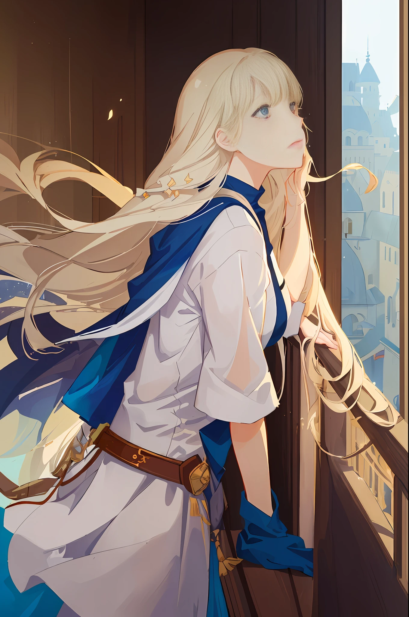 a woman with long hair and a white shirt is standing on a ledge, artgerm and atey ghailan, portrait knights of zodiac girl, alena aenami and artgerm, in the art style of bowater, charlie bowater art style, neoartcore and charlie bowater, in style of charlie bowater, style of charlie bowater