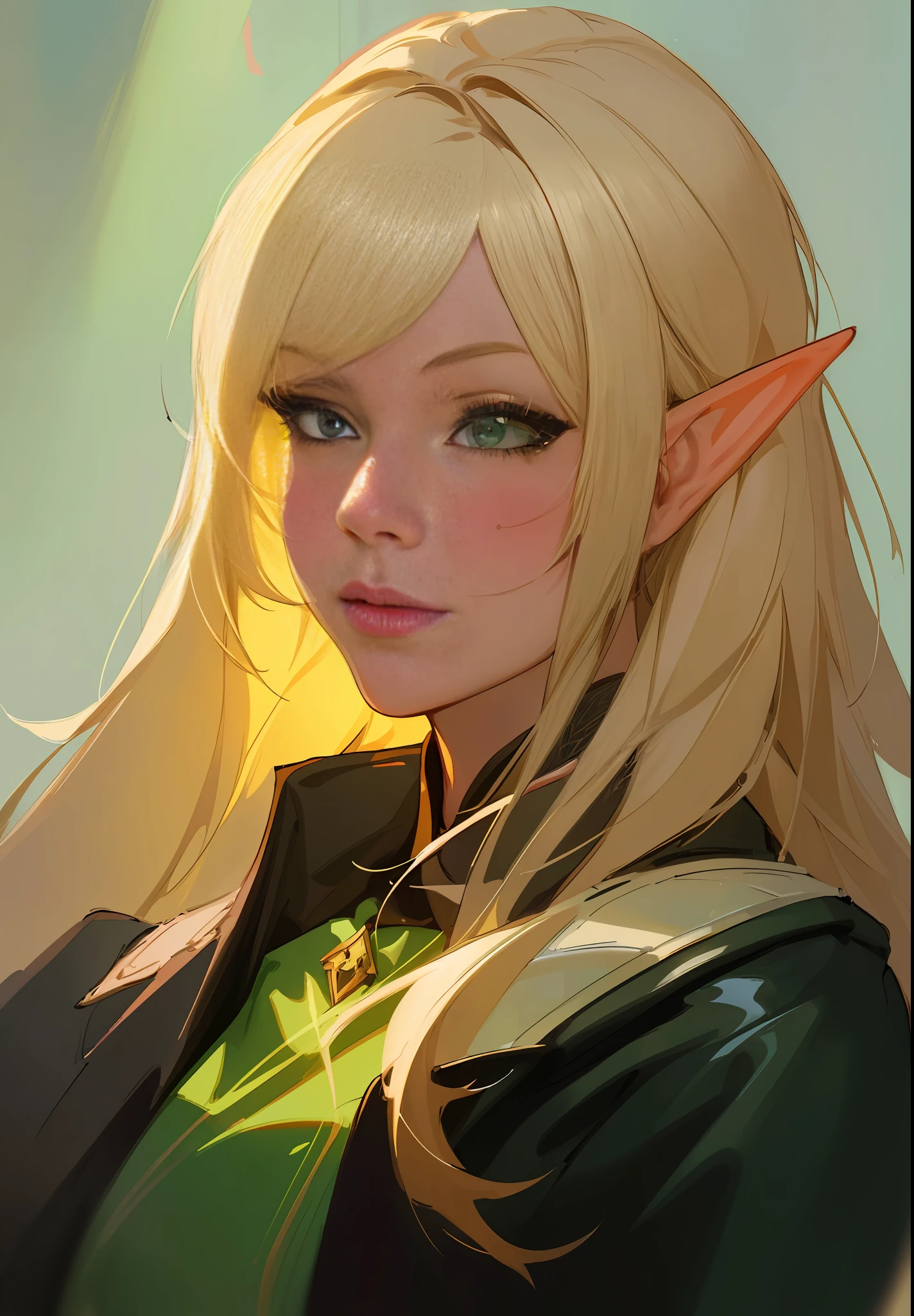 a close up of a woman with blonde hair and a black coat, a portrait of an elf, portrait of an elf, character art portrait, rossdraws portrait, portrait of a female elf warlock, portrait dnd, fantasy concept art portrait, rossdraws 1. 0, portrait of a dnd character, digital character painting, dnd portrait, detailed character portrait, female elf