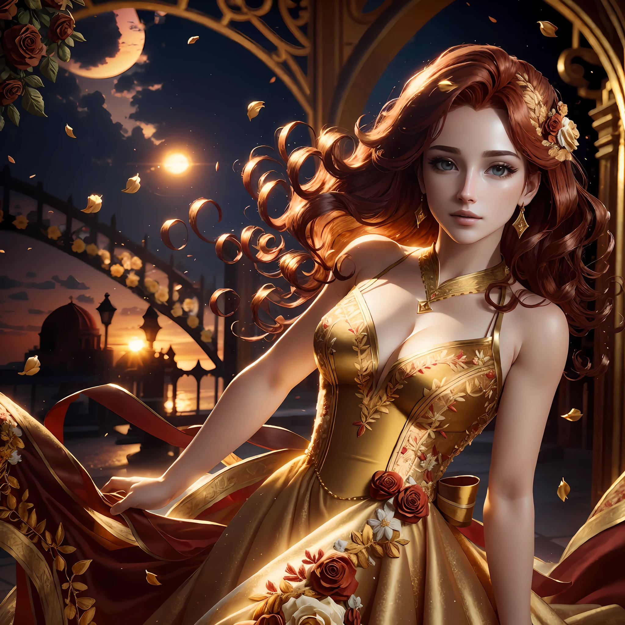 masterpiece, highest quality, solo focus, (perfect face:1.1) , (high detail:1.1), (dramatic, 1.5), 1 muscular female:1.3, (red curled hair:1.2), (rose gold jewelry), (dresses in simple gold gown with floral embroidery:1.3), (bathed in a rosy dawn light), (sunrise:1.4), (gold gate in background), hyper detailed, digital art, studio quality, smooth render, unreal engine 5 render, octane render, 8K, particle effects,