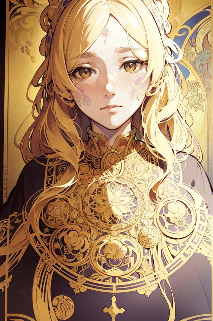 face portrait of a  European female , long curly hair, blond, floral frame, Decorative panels, abstract
artistic, by Alphonse Mucha
(Masterpiece, Best Quality, Highres:1.4), Detailed, Intricate Details, 4K, color splashes, line art,   fibonacci,