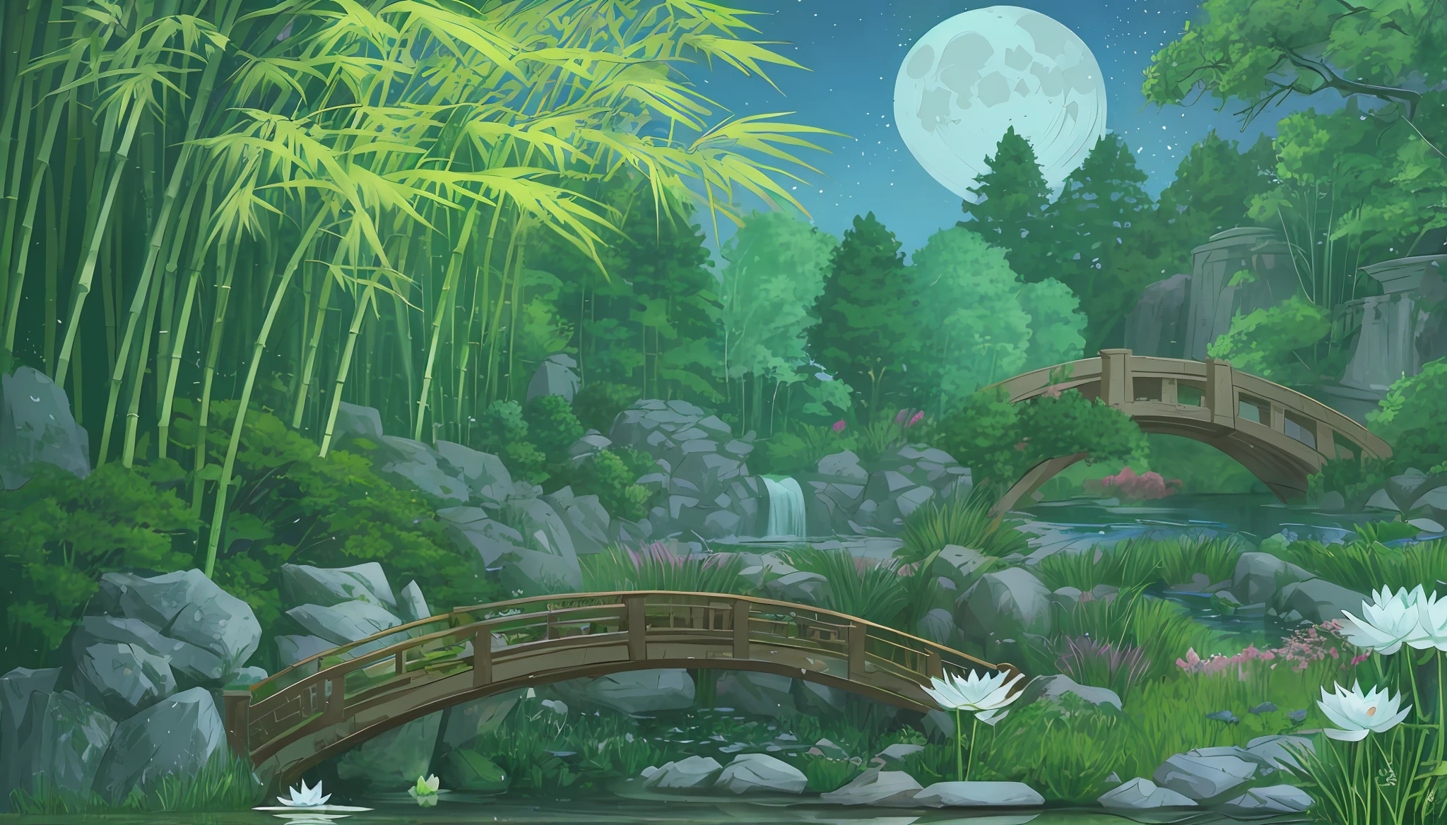Garden, bamboo, lake, stone bridge, rockery, arch bridge, wall corner, rockery, tree, flowing water, landscape, outdoor, waterfall, grass, rock, water lily, stream, lotus, moon, night view, (Illustration: 1.0), masterpiece, most Best quality, epic composition, realistic lighting, HD details