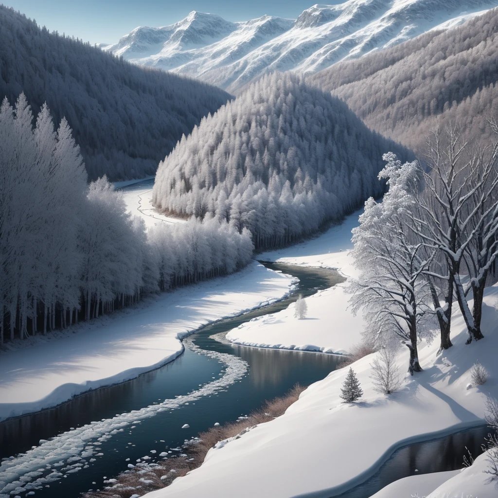 Ground level photorealistic icy river winter, dark trees no leafs snow on hills