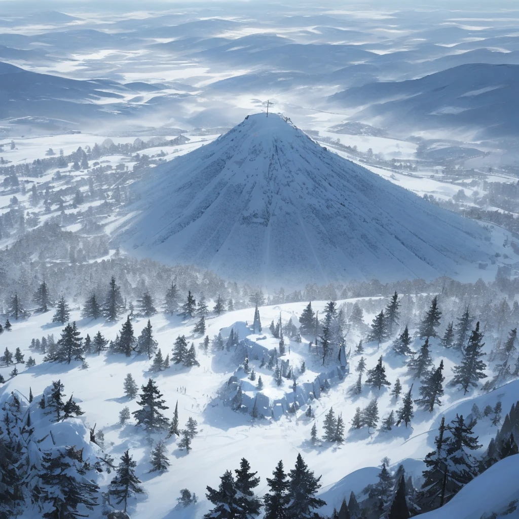an aerial view of a magical battlefield with snow, fire and skeletons of dead fighters in a mystical setting