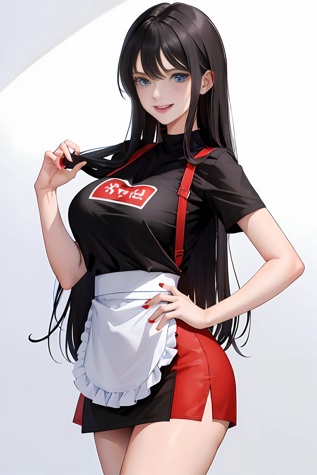 Girl, black miniskirt, red t-shirt, white apron, (large breasts), black hair, long hair, smiling, blue eyes, hands behind back, Costs