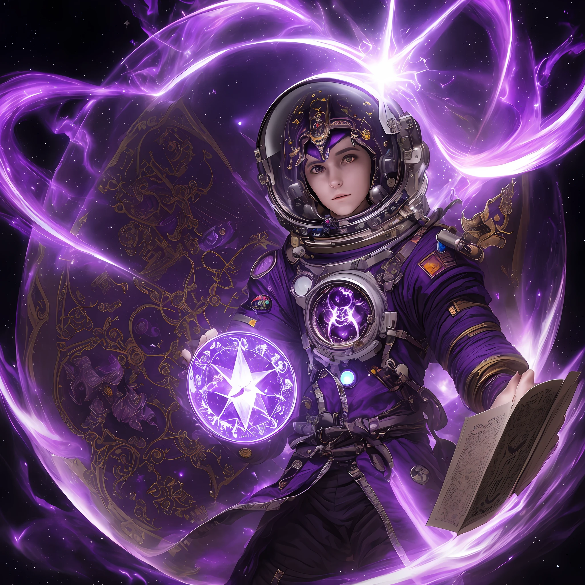 "An epic, mystical masterpiece of an astronaut clutching a mysterious, glowing purple tome of magic, adorned with dark, demonic talismans that seem to channel the very power of their soul and unleash an otherworldly energy."