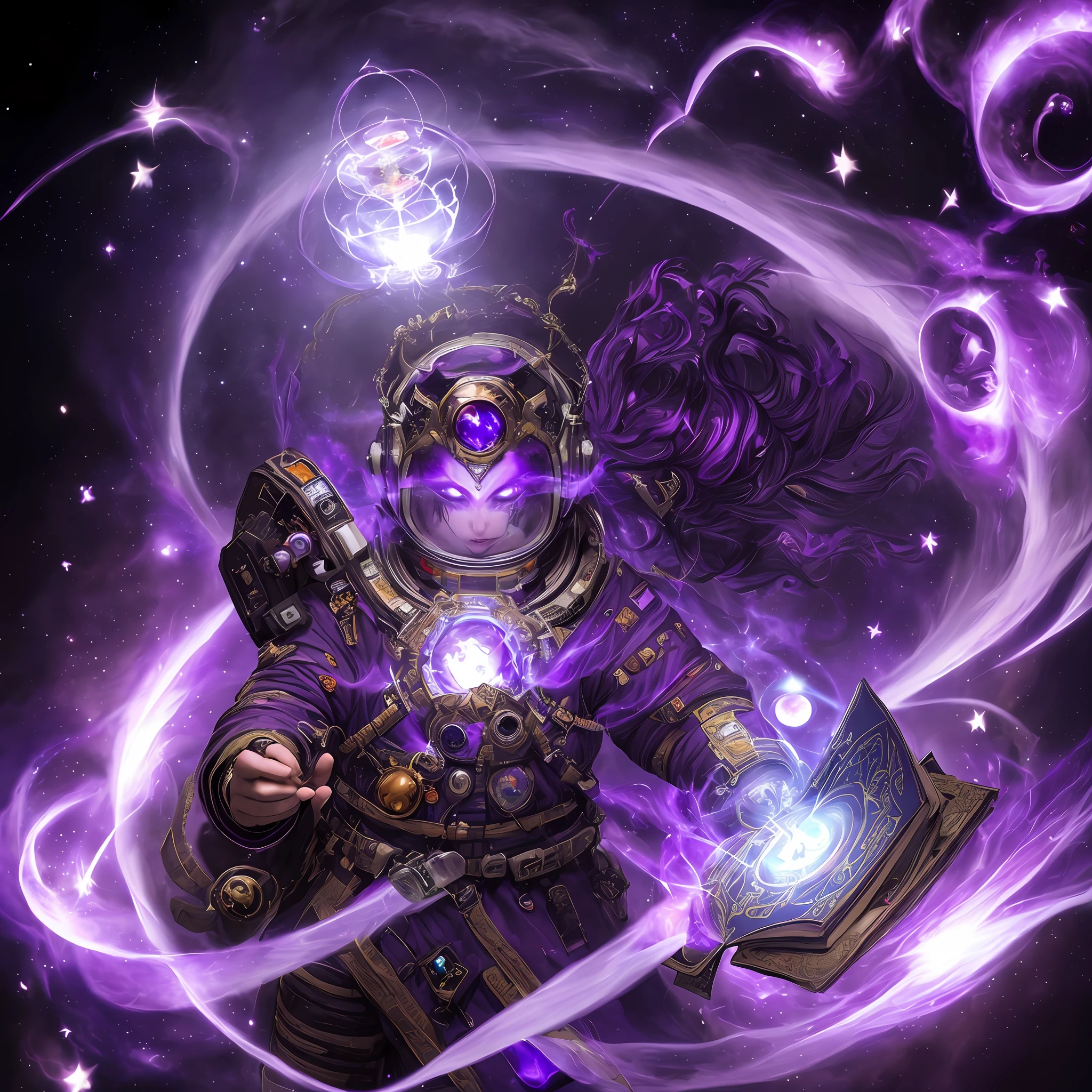 "An epic, mystical masterpiece of an astronaut clutching a mysterious, glowing purple tome of magic, adorned with dark, demonic talismans that seem to channel the very power of their soul and unleash an otherworldly energy."