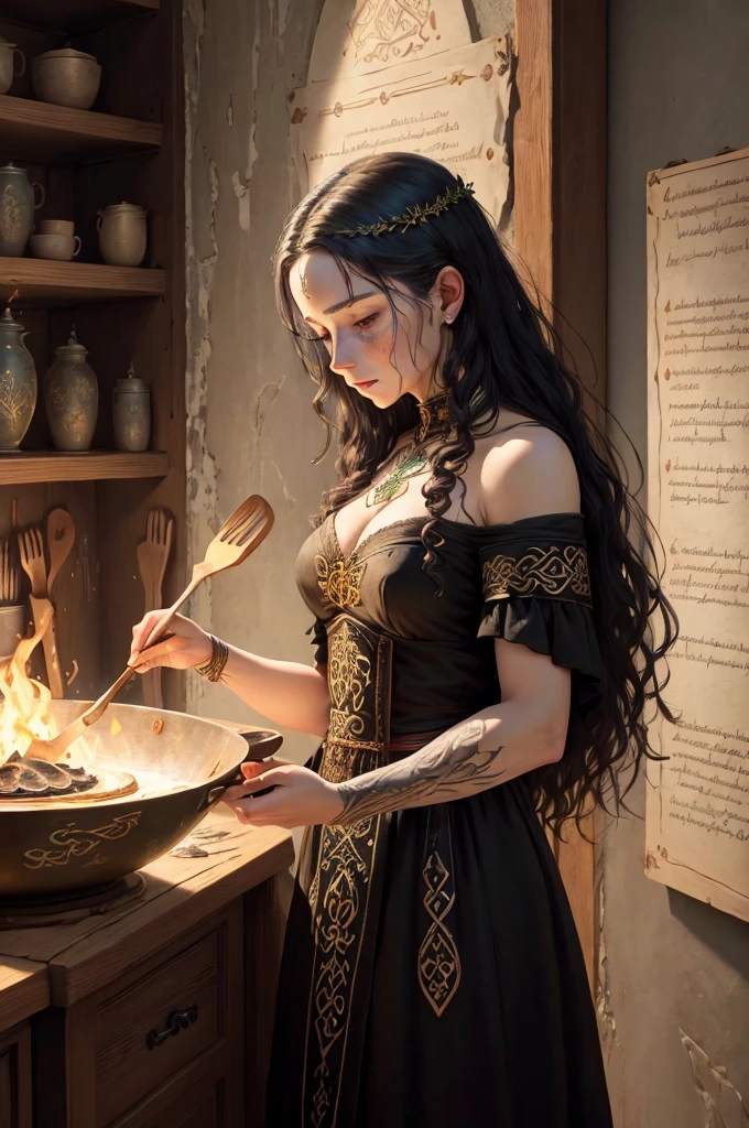 celtic witch, masterpiece, best quality, extremely delicate and beautiful witch, theater of world masterpieces, super detailed, very detailed, best quality, wicca, high resolution, extremely detailed, 1 girl, best quality, illustration, cooking dinner, impasto, canvas, magical sign, realistic, realistic, real, artistic anatomical hands, artistic anatomy,
