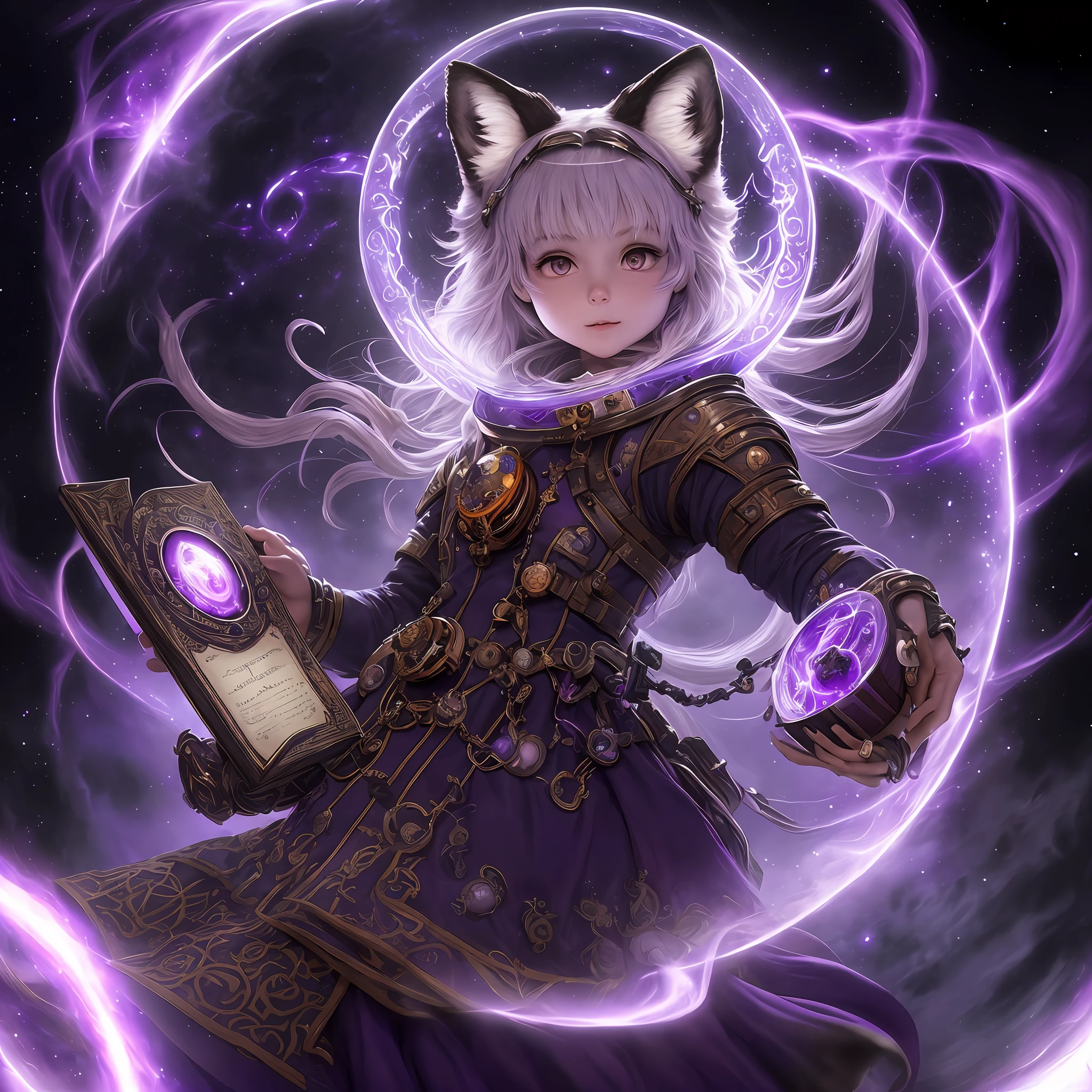 An epic, mystical masterpiece of an astronaut girl, clutching a mysterious, glowing purple tome of magic, adorned with dark, demonic talismans that seem to channel the very power of their soul and unleash an otherworldly energy , chest , ring ، big fox white cute