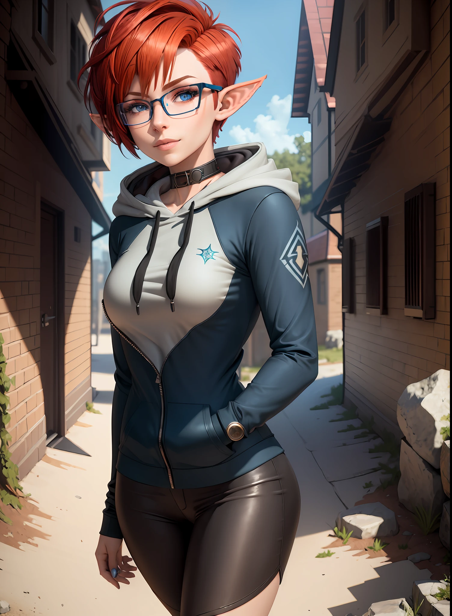 (((headshot))) (((Masterpiece))), best quality, ultra-detailed CG unity 8k wallpaper (1girl:1.3) ((androgynous female)) ((short red pixie cut hair)), ((blue eyes)), ((black glasses)) ((elf ears)) (hoodie) (soft smile)